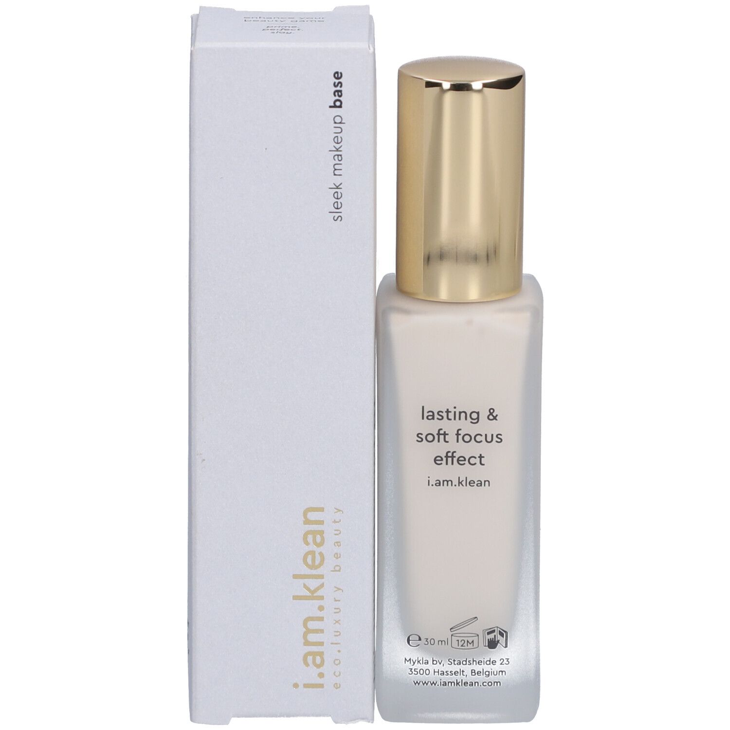 Produkt mit Verpackung. Flakon mit goldfarbenem Deckel und Karton. Aufschrift: sleek makeup base, i.am.klean.