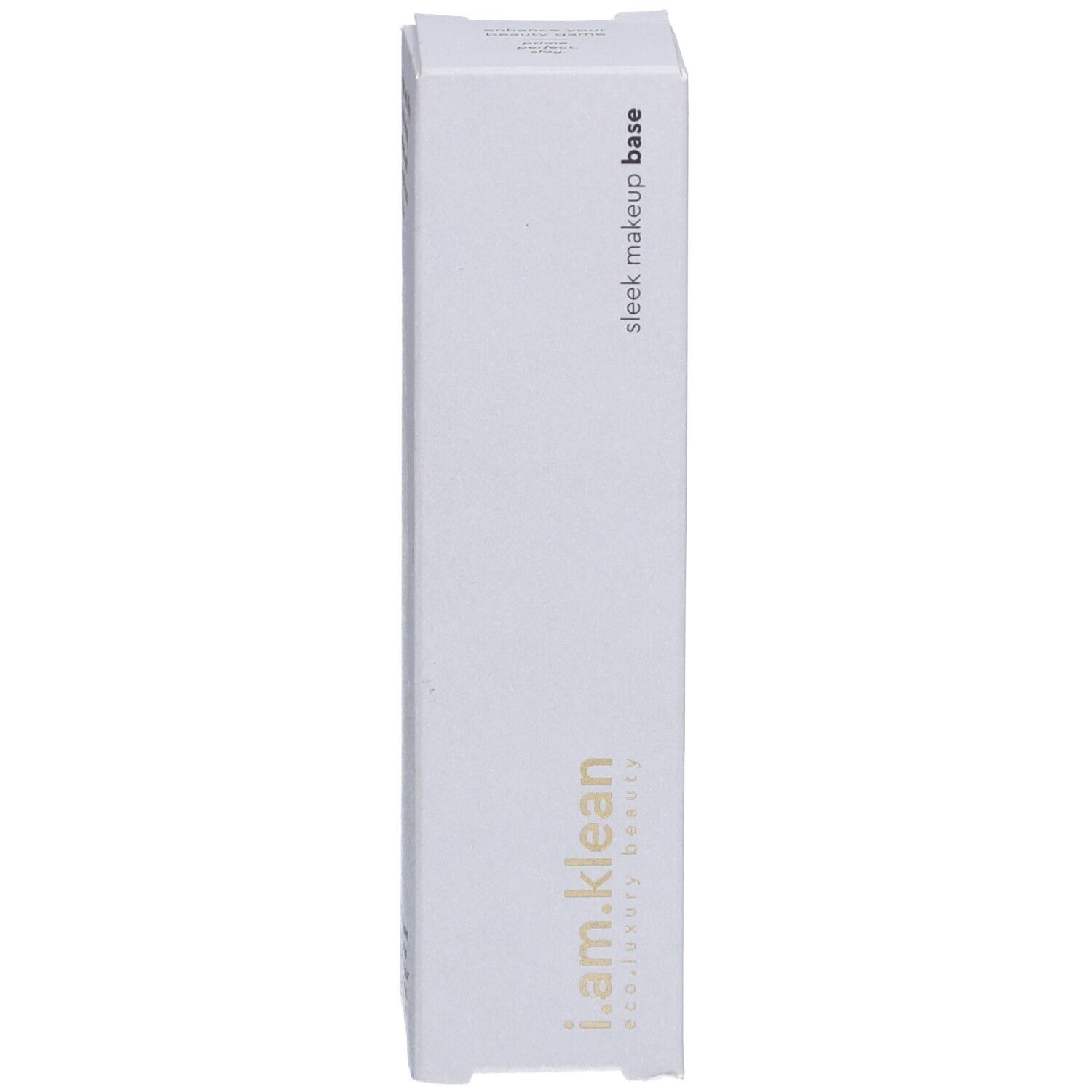 Weiße Produktverpackung. Aufschrift: sleek makeup base, i.am.klean eco luxury beauty.