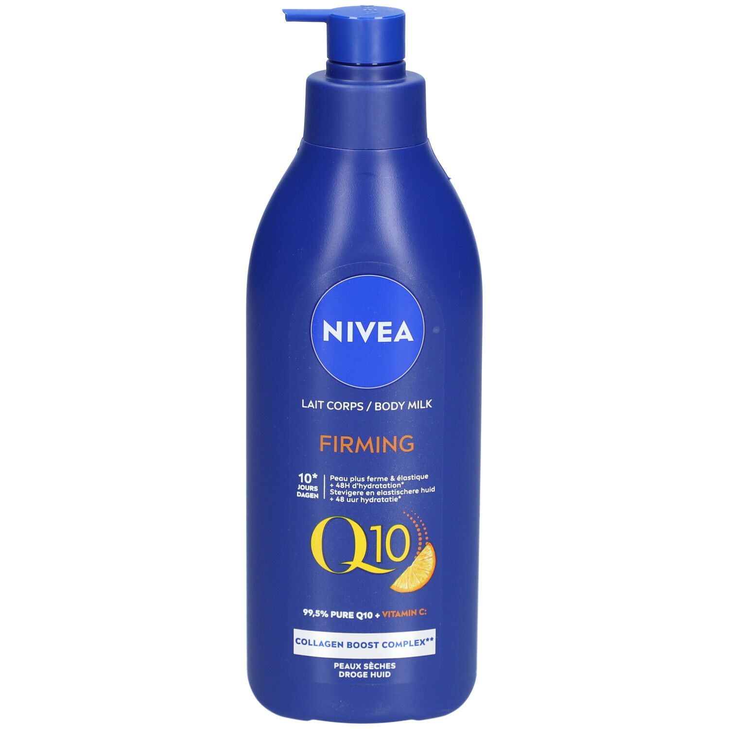 Blauwe fles Nivea Lait Corps/Body Milk Firming Q10 met pomp. Gele accenten, tekst. Resultaten in 10 dagen.