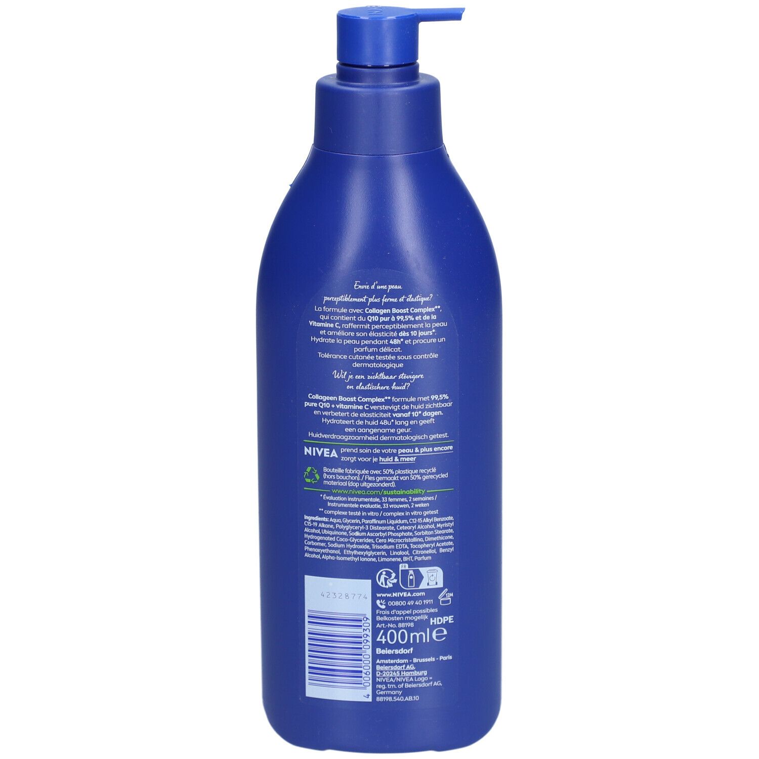Achterkant blauwe fles Nivea Lait Corps/Body Milk Firming Q10. Tekst, barcode, 400ml. Recycling logo.