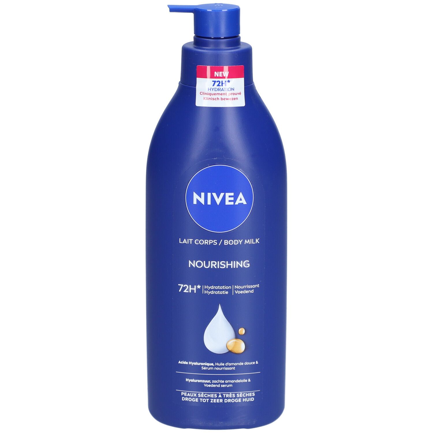 Flacon bleu Nivea Lait Corps Nourrissant avec pompe. Inscription 72H Hydratation. Illustration goutte et perle.