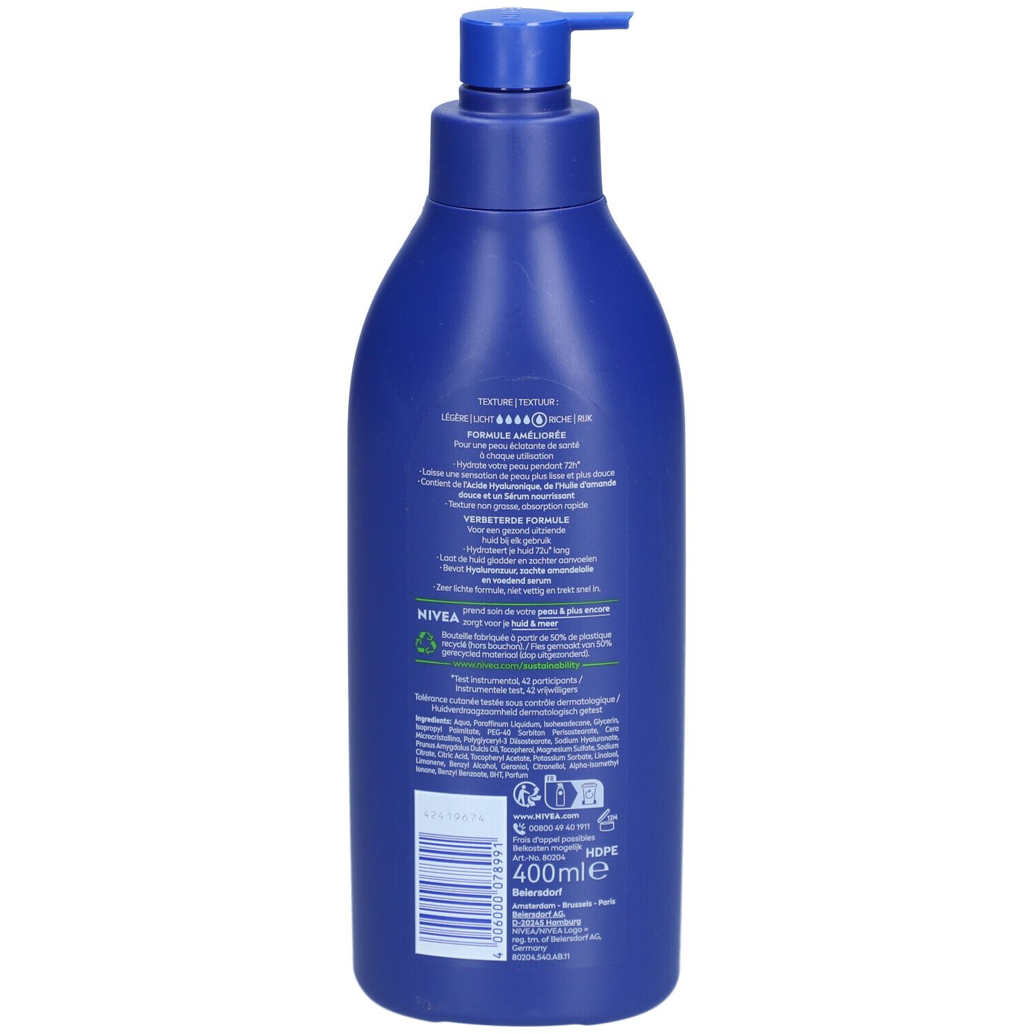 Dos du flacon bleu Nivea Lait Corps Nourrissant. Texte multilingue. Indication 400ml.