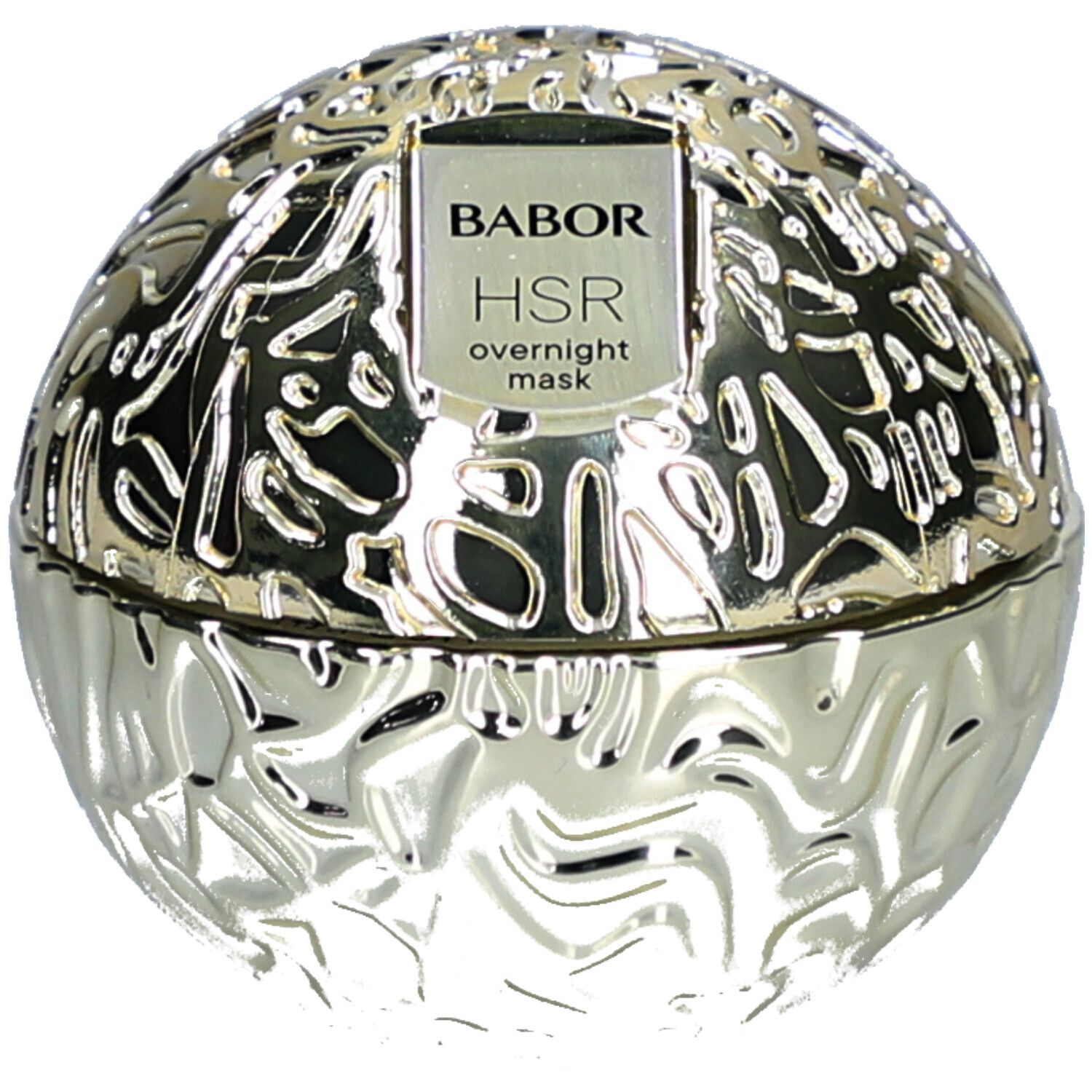 Goldfarbene, runde Dose mit reliefartiger Oberfläche. Auf der Oberseite steht "BABOR HSR overnight mask".