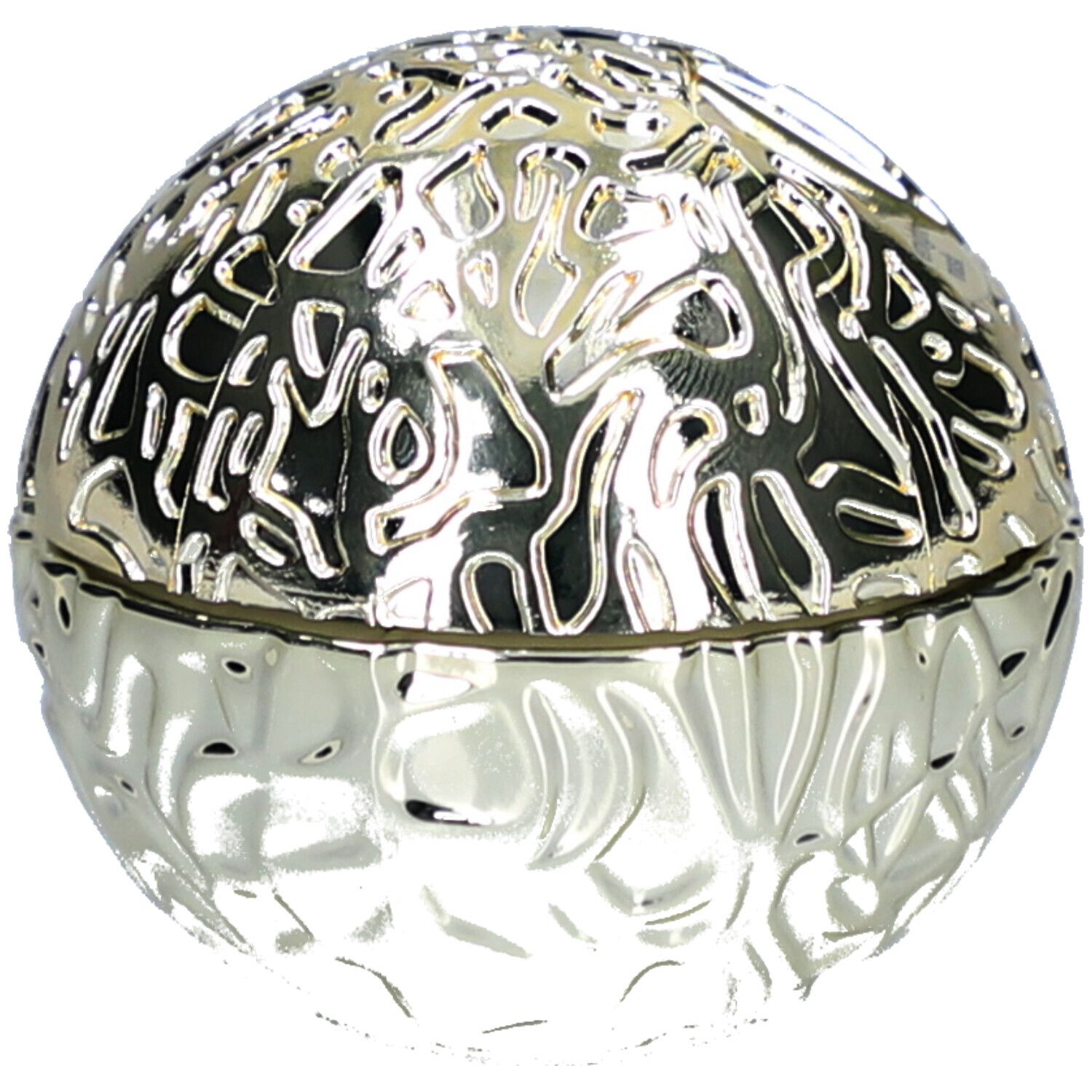 Goldfarbene, runde Dose mit reliefartiger Oberfläche.