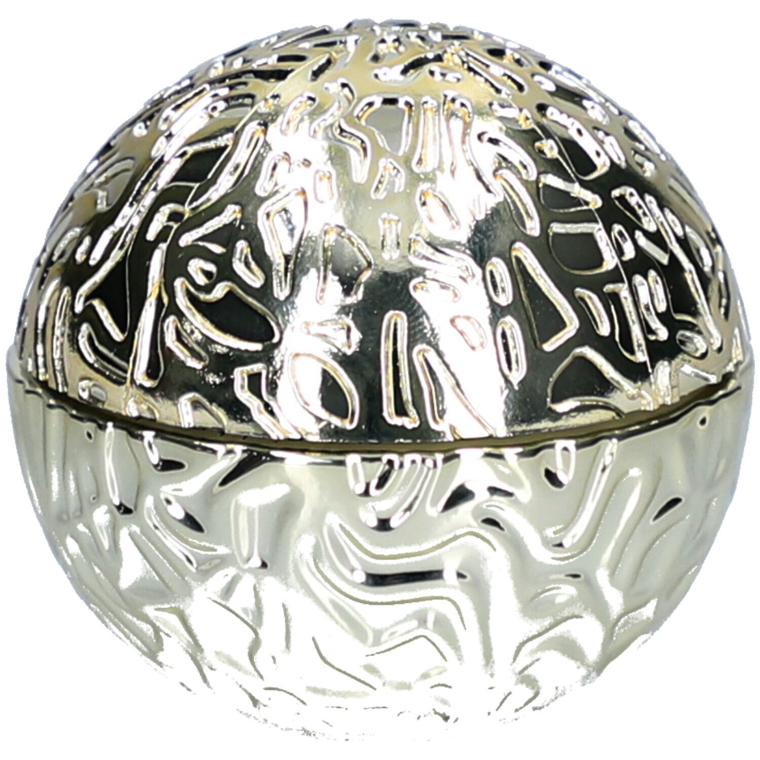 Goldfarbene, runde Dose mit reliefartiger Oberfläche.