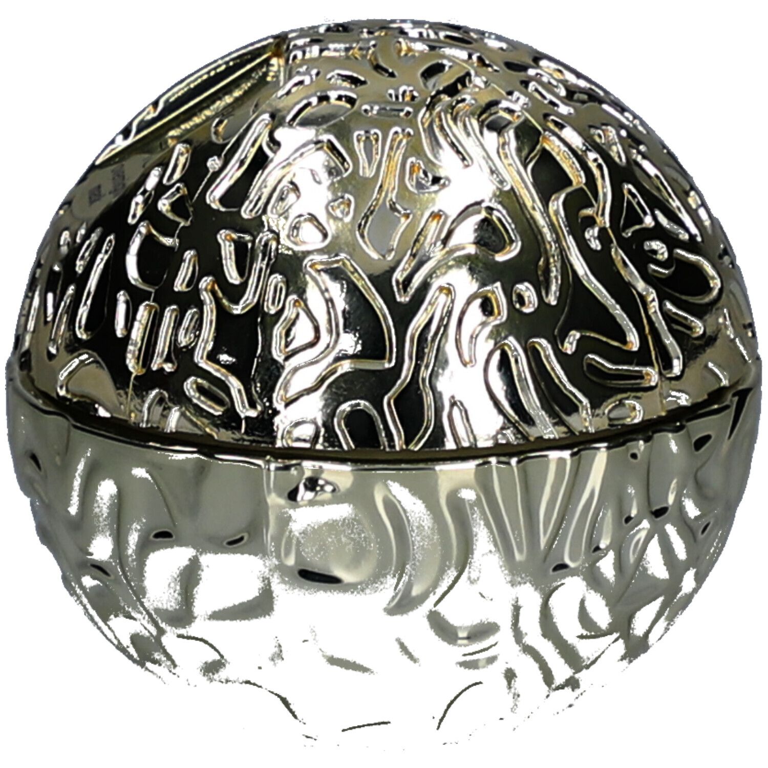 Goldfarbene, runde Dose mit reliefartiger Oberfläche.