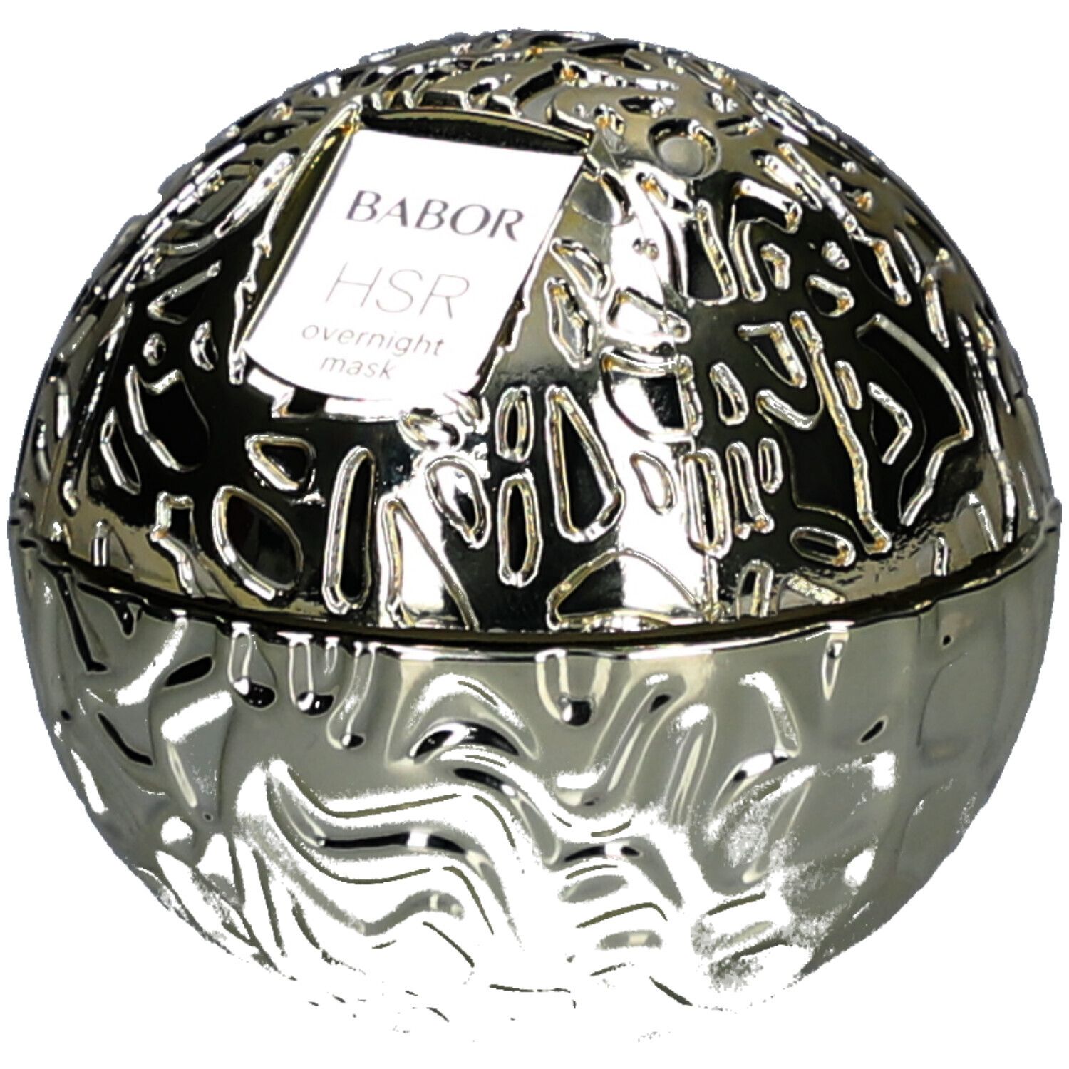 Goldfarbene, runde Dose mit reliefartiger Oberfläche. Auf der Oberseite steht "BABOR HSR overnight mask".