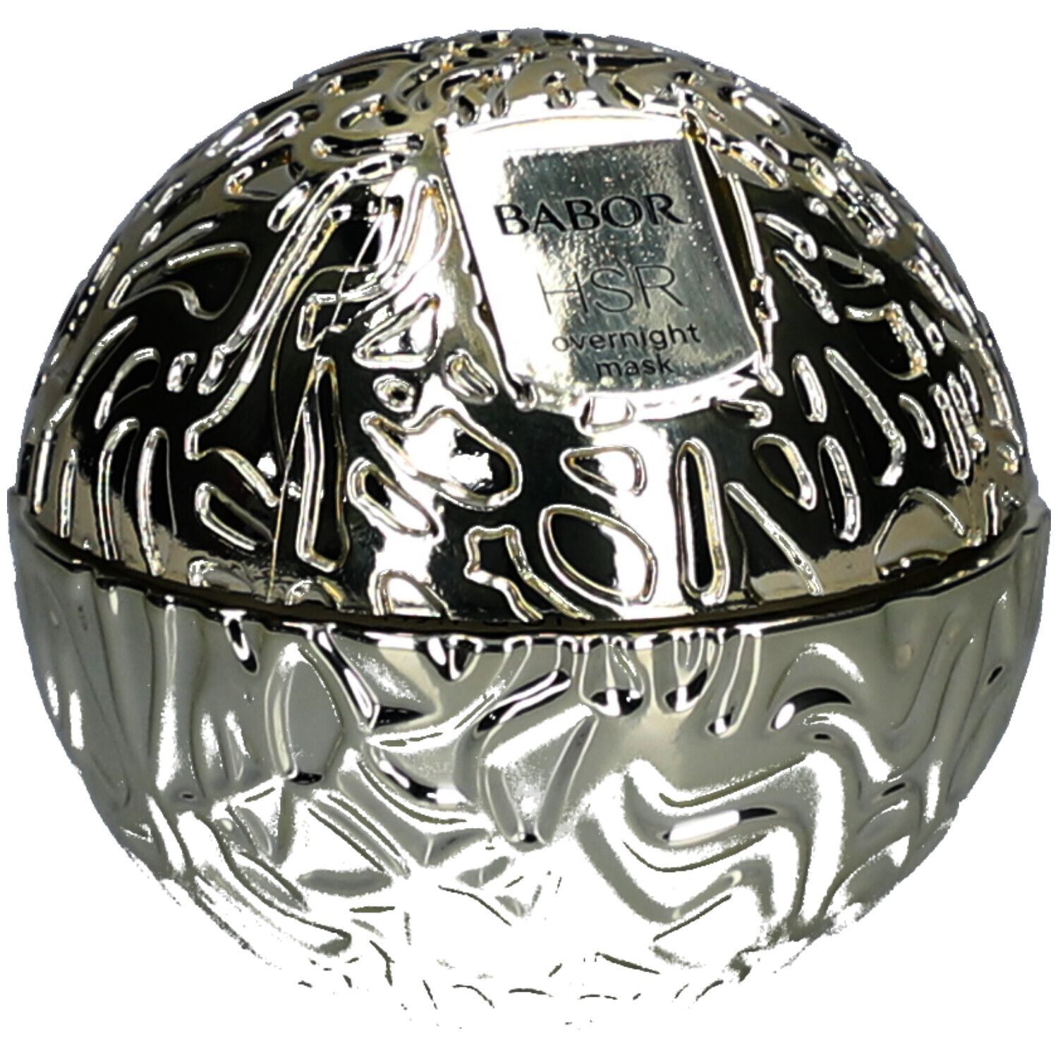 Goldfarbene, runde Dose mit reliefartiger Oberfläche. Auf der Oberseite steht "BABOR HSR overnight mask".