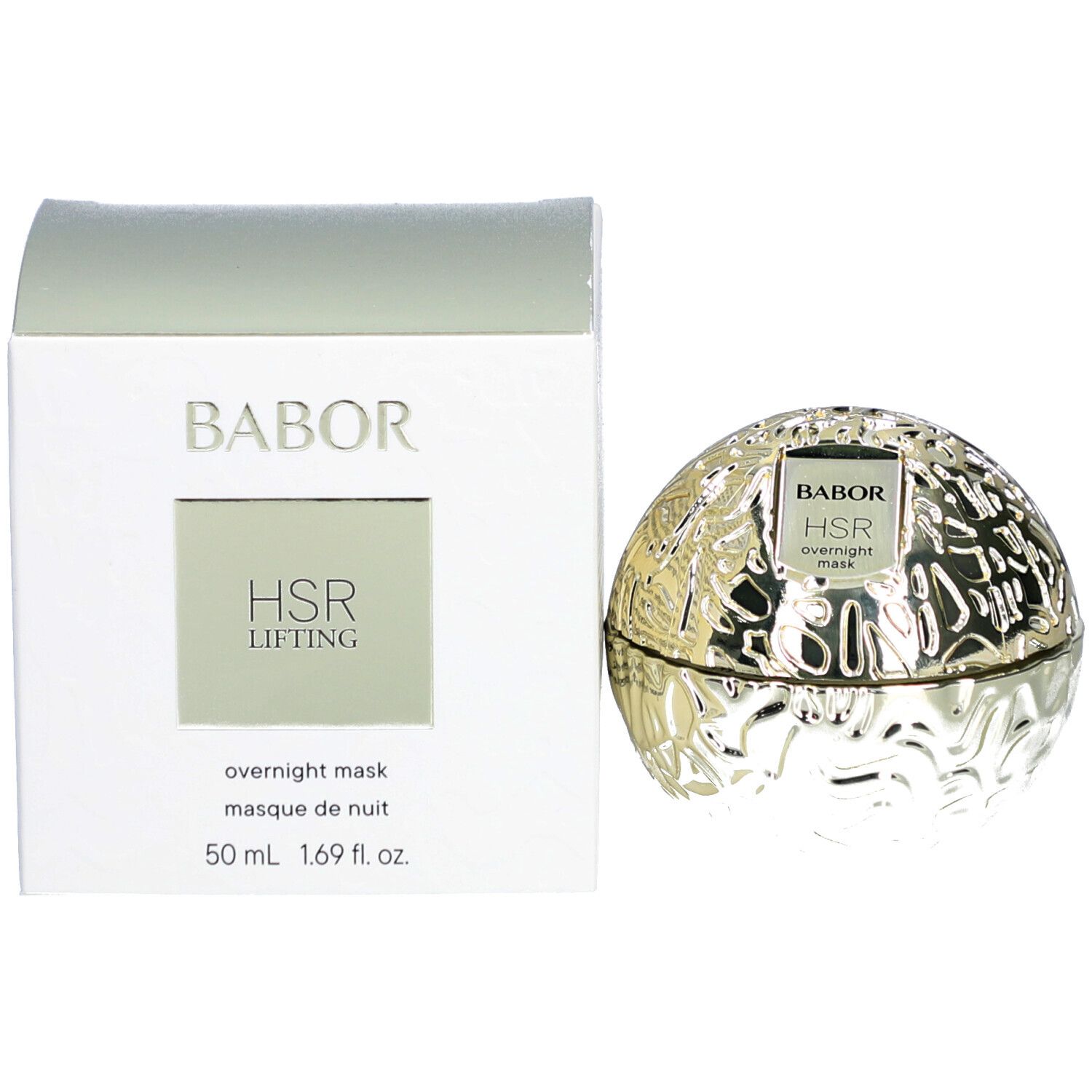 Weiße Schachtel mit Produkt und Dose. Auf der Schachtel steht "BABOR HSR LIFTING overnight mask".