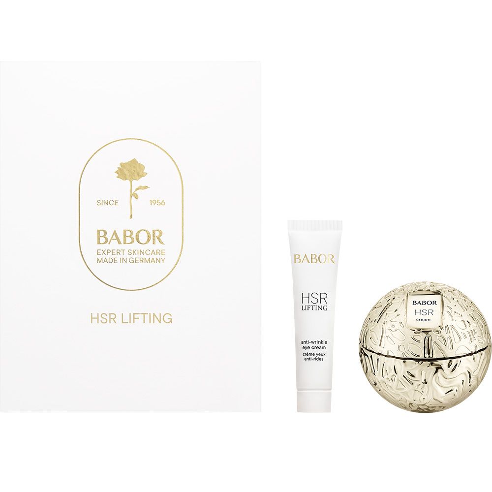 Cadeauset met crème, oogcrème en doos. Gouden roos en BABOR-logo.