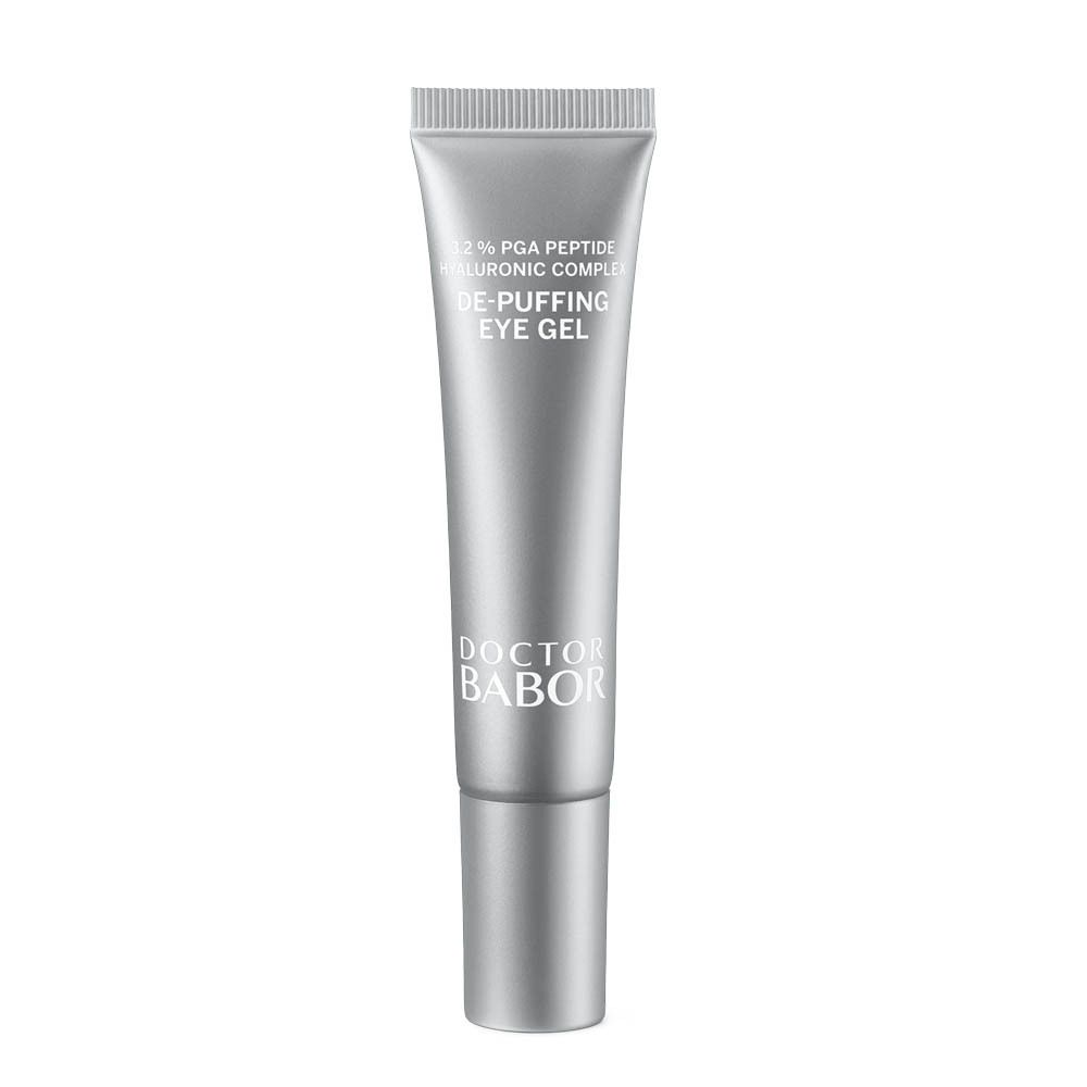 Silberne Tube mit Augengel. Aufschrift: 3.2% PGA Peptide Hyaluronic Complex, DE-PUFFING EYE GEL, Doctor Babor.