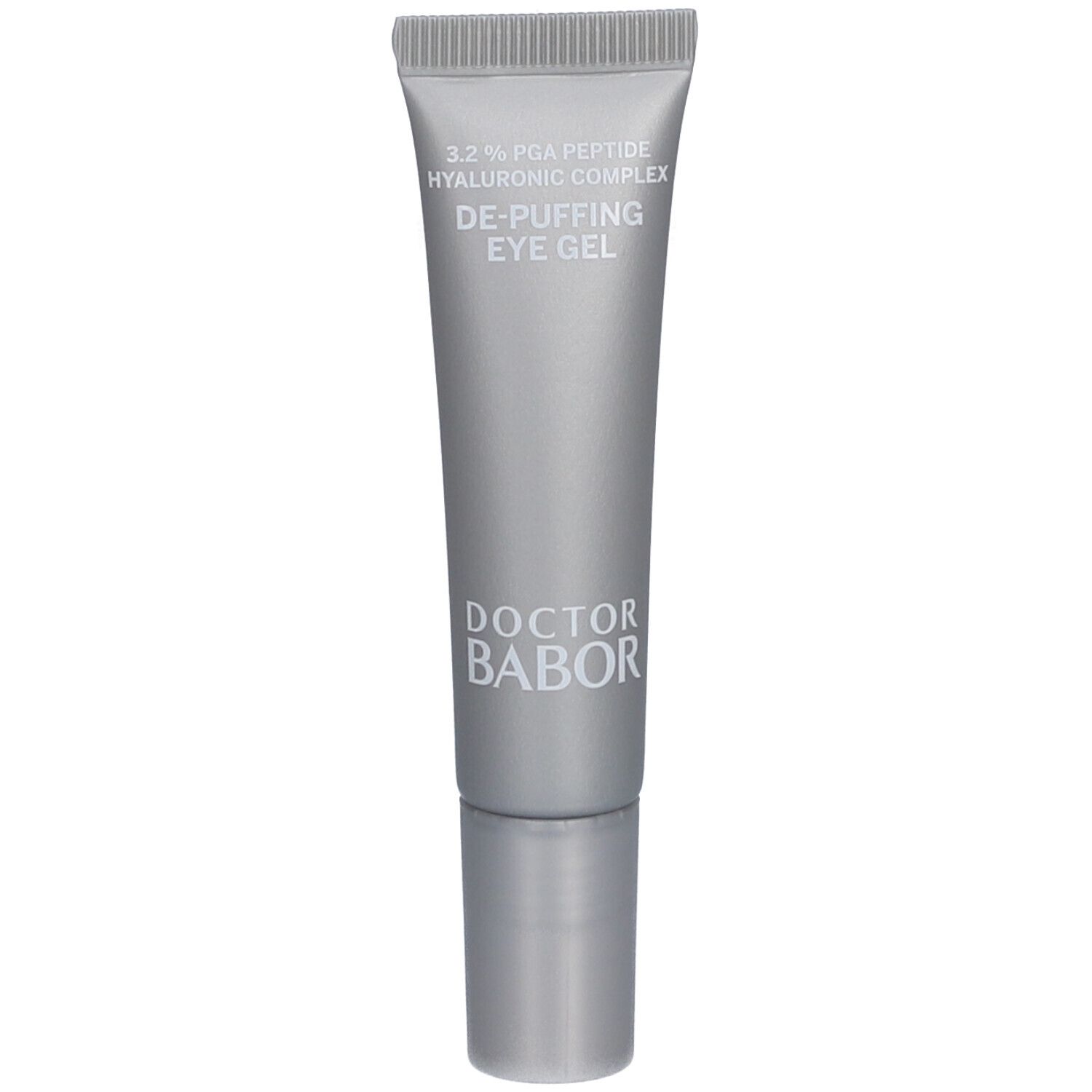 Silberne Tube mit Augengel. Aufschrift: 3.2% PGA Peptide Hyaluronic Complex, DE-PUFFING EYE GEL, Doctor Babor.
