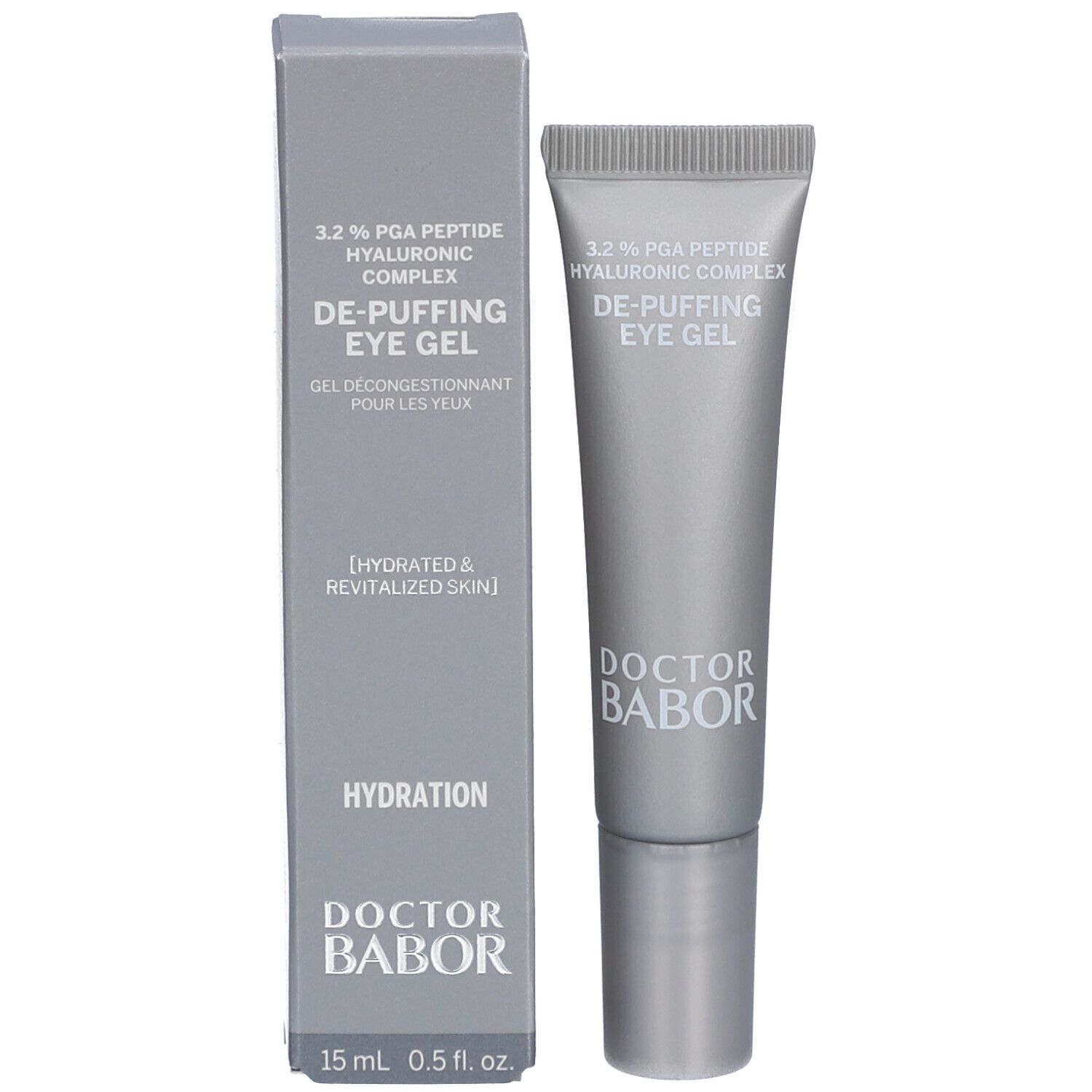 Produktverpackung mit Tube und Karton. Aufschrift: DE-PUFFING EYE GEL, Doctor Babor. 15 ml 0.5 fl. oz.