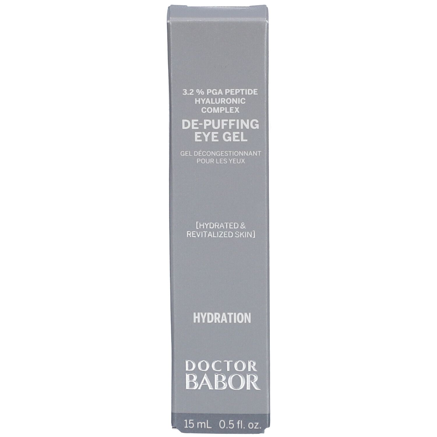 Graue Produktverpackung. Aufschrift: DE-PUFFING EYE GEL, Doctor Babor. 15 ml 0.5 fl. oz.