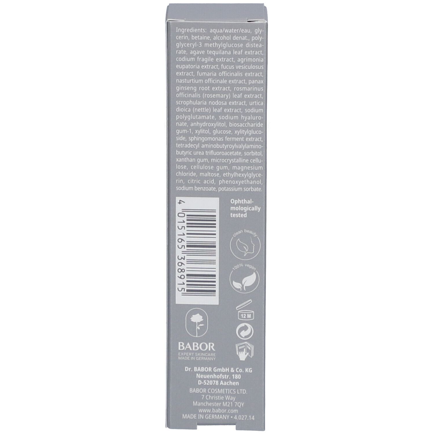 Rückseite der Produktverpackung mit Inhaltsstoffen und Herstellerinformationen. Enthält auch Qualitätssiegel.