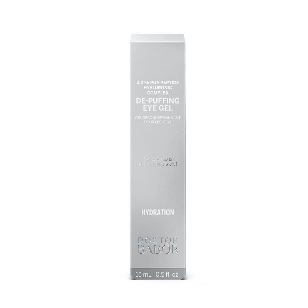 Graue Schachtel mit Augengel. Aufschrift: DE-PUFFING EYE GEL, Doctor Babor, 15 ml.
