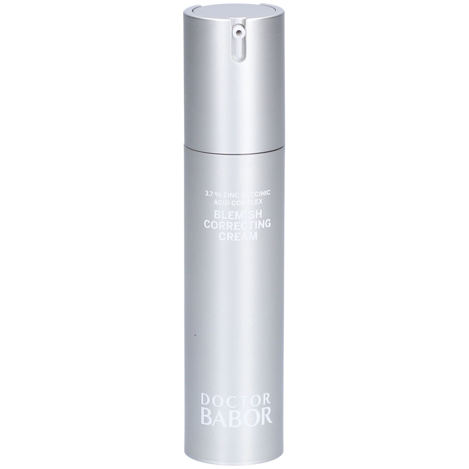 Silberne Flasche mit Aufschrift 'Blemish Correcting Cream' und 'Doctor Babor'.