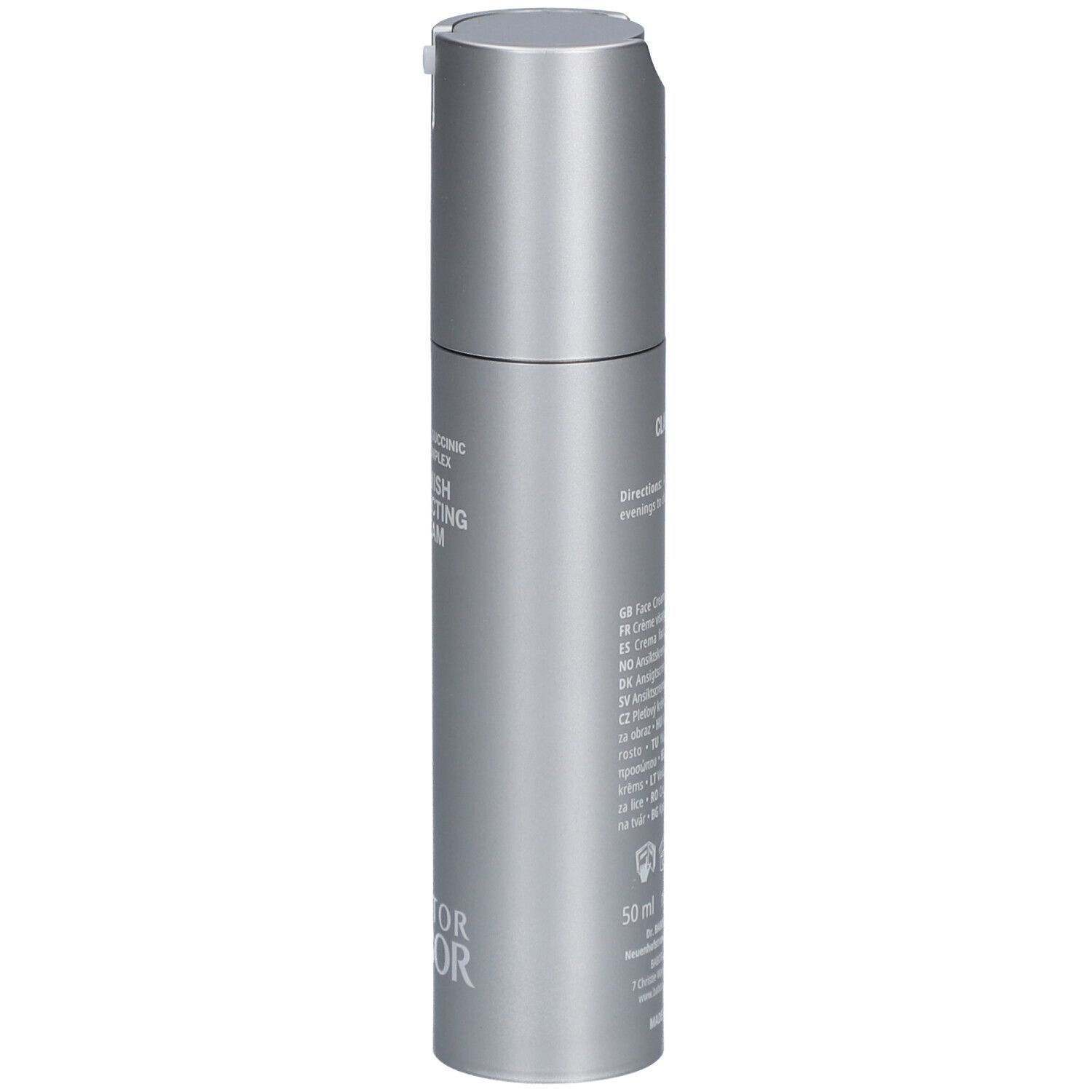 Silberne Flasche, seitliche Ansicht, mit Text und 'Doctor Babor'.