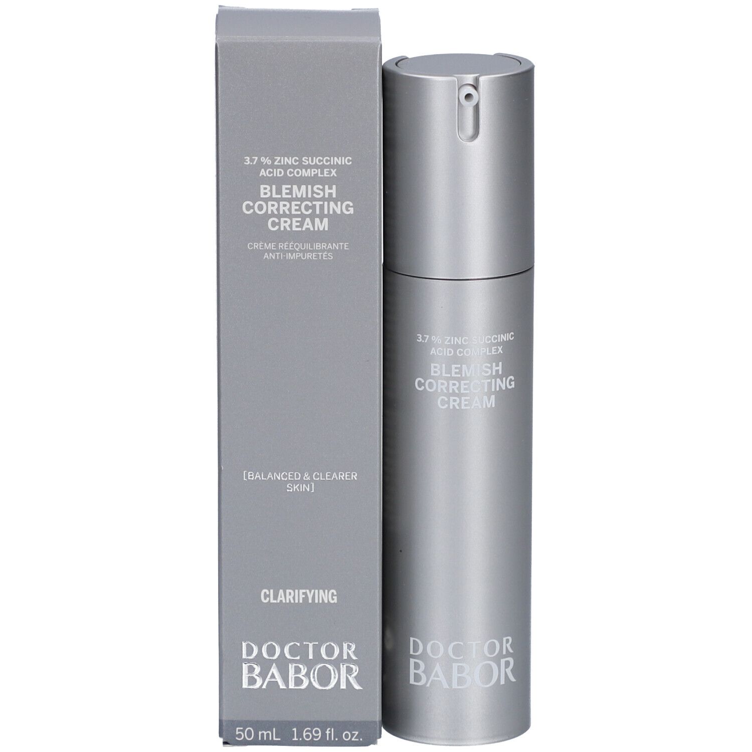 Produktverpackung mit Flasche und Text 'Blemish Correcting Cream' und 'Doctor Babor'.