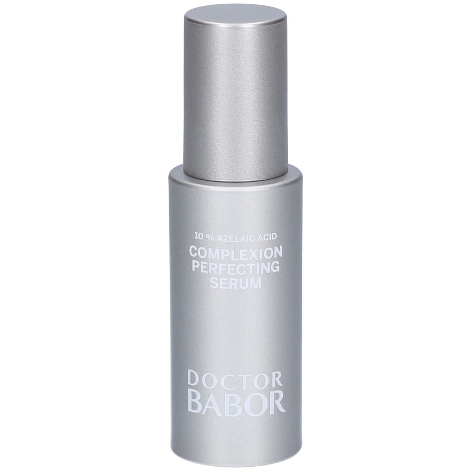 Silberne Flasche mit silbernem Deckel. Beschriftung: 10% Azelainsäure, Complexion Perfecting Serum, DOCTOR BABOR.