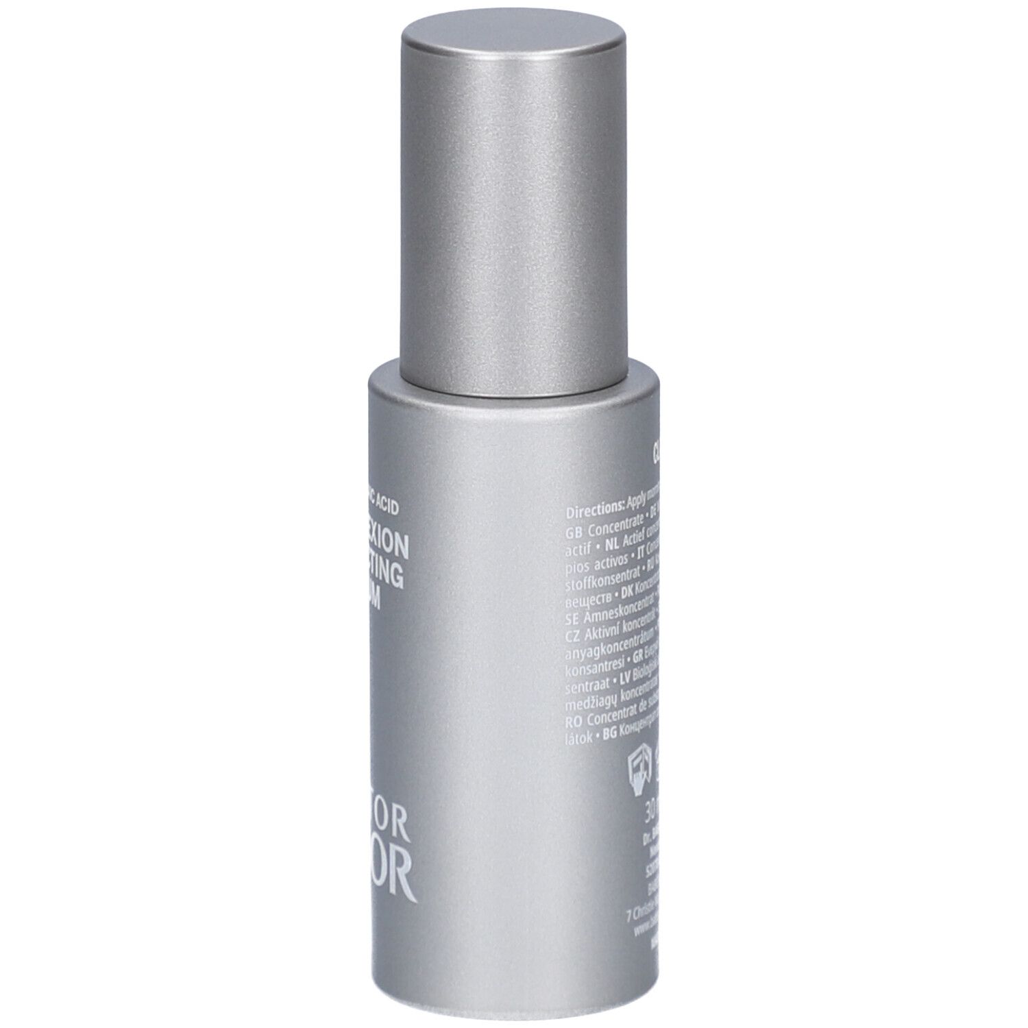 Silberne Flasche mit silbernem Deckel. Beschriftung: 10% Azelainsäure, Complexion Perfecting Serum, DOCTOR BABOR. Rückseite mit Text.