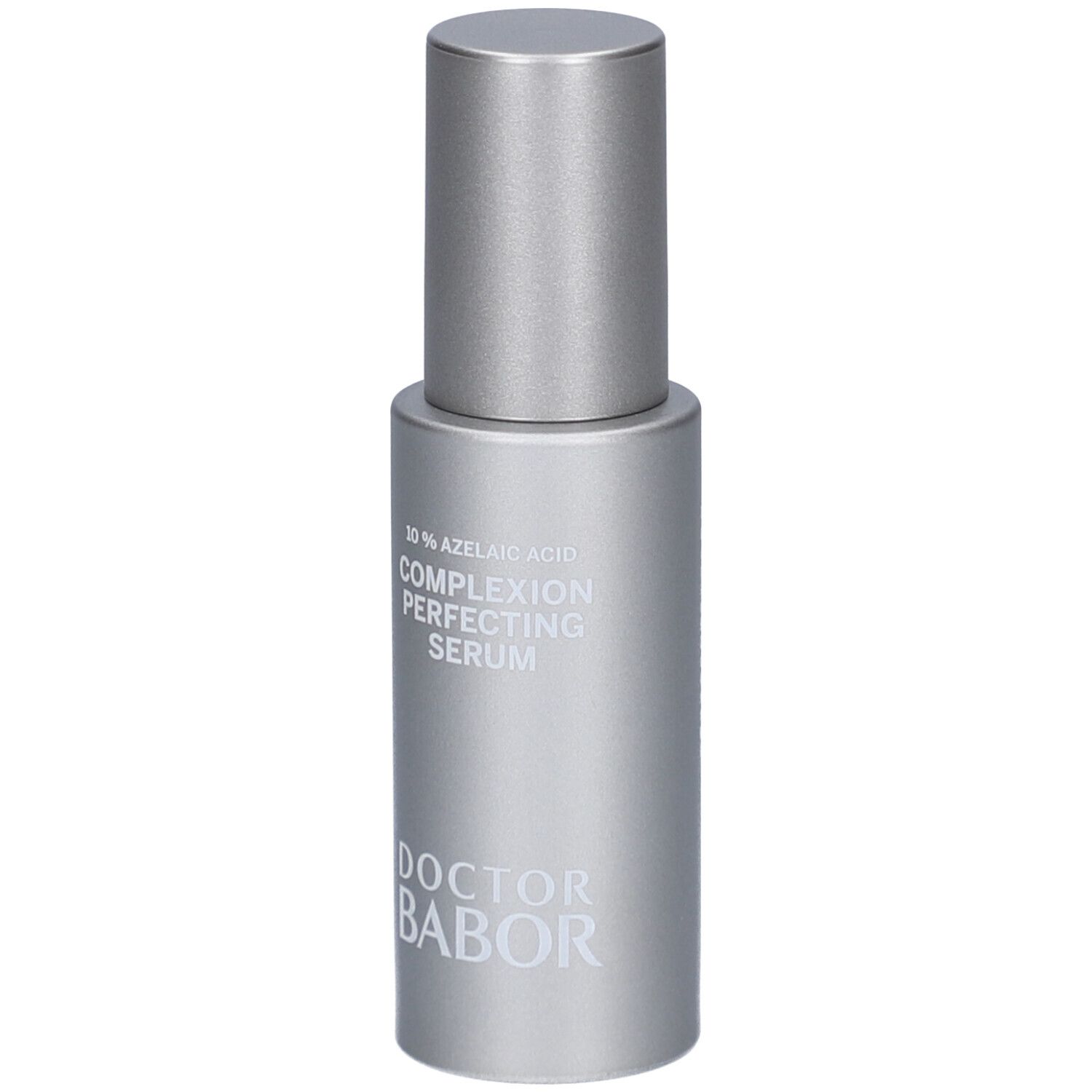 Silberne Flasche mit silbernem Deckel. Beschriftung: 10% Azelainsäure, Complexion Perfecting Serum, DOCTOR BABOR.