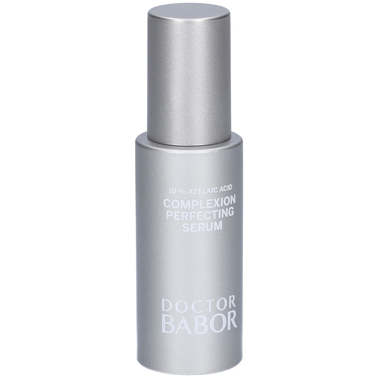 Silberne Flasche mit silbernem Deckel. Beschriftung: 10% Azelainsäure, Complexion Perfecting Serum, DOCTOR BABOR.