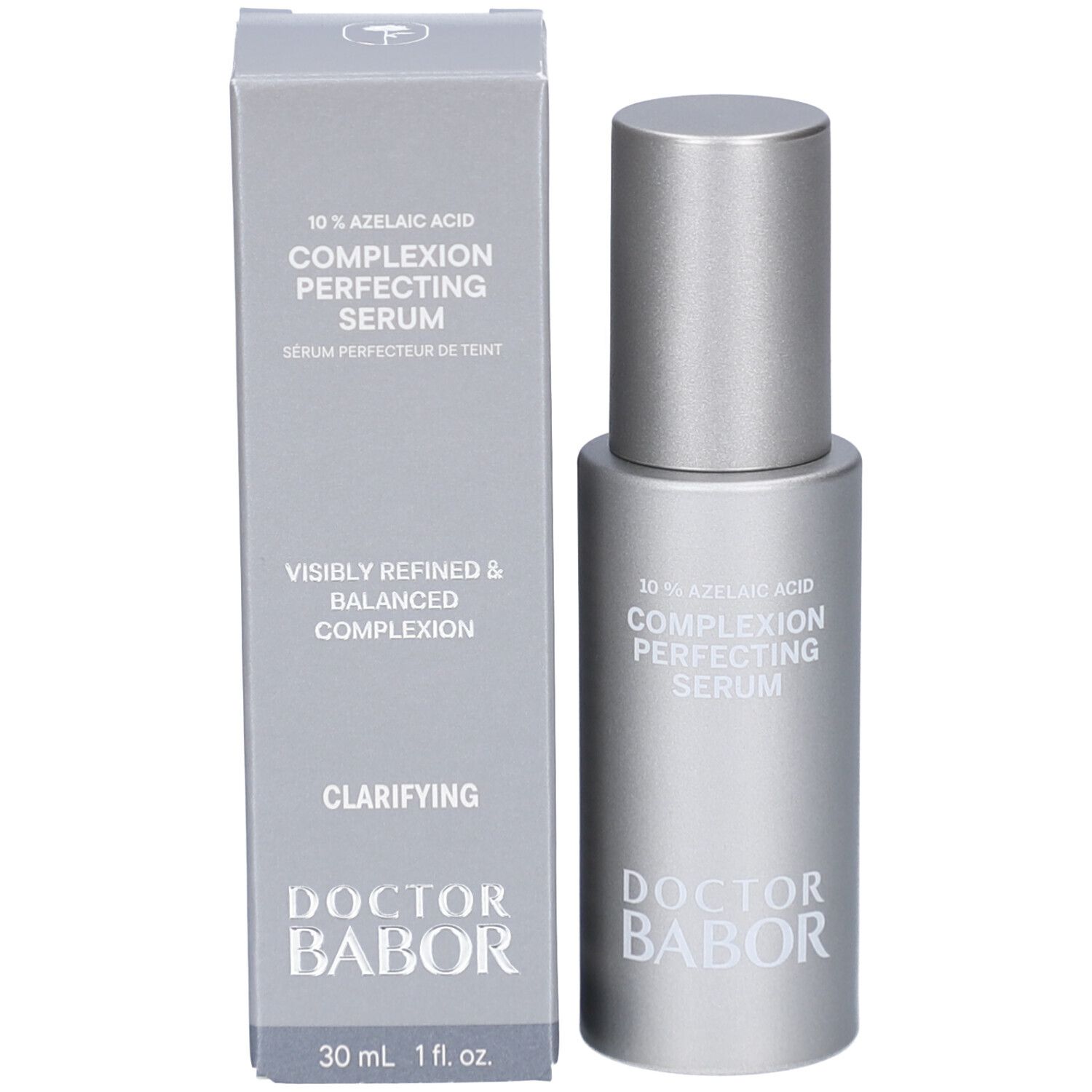 Graue Schachtel und Flasche. Beschriftung: 10% Azelainsäure, Complexion Perfecting Serum, DOCTOR BABOR. 30 ml.