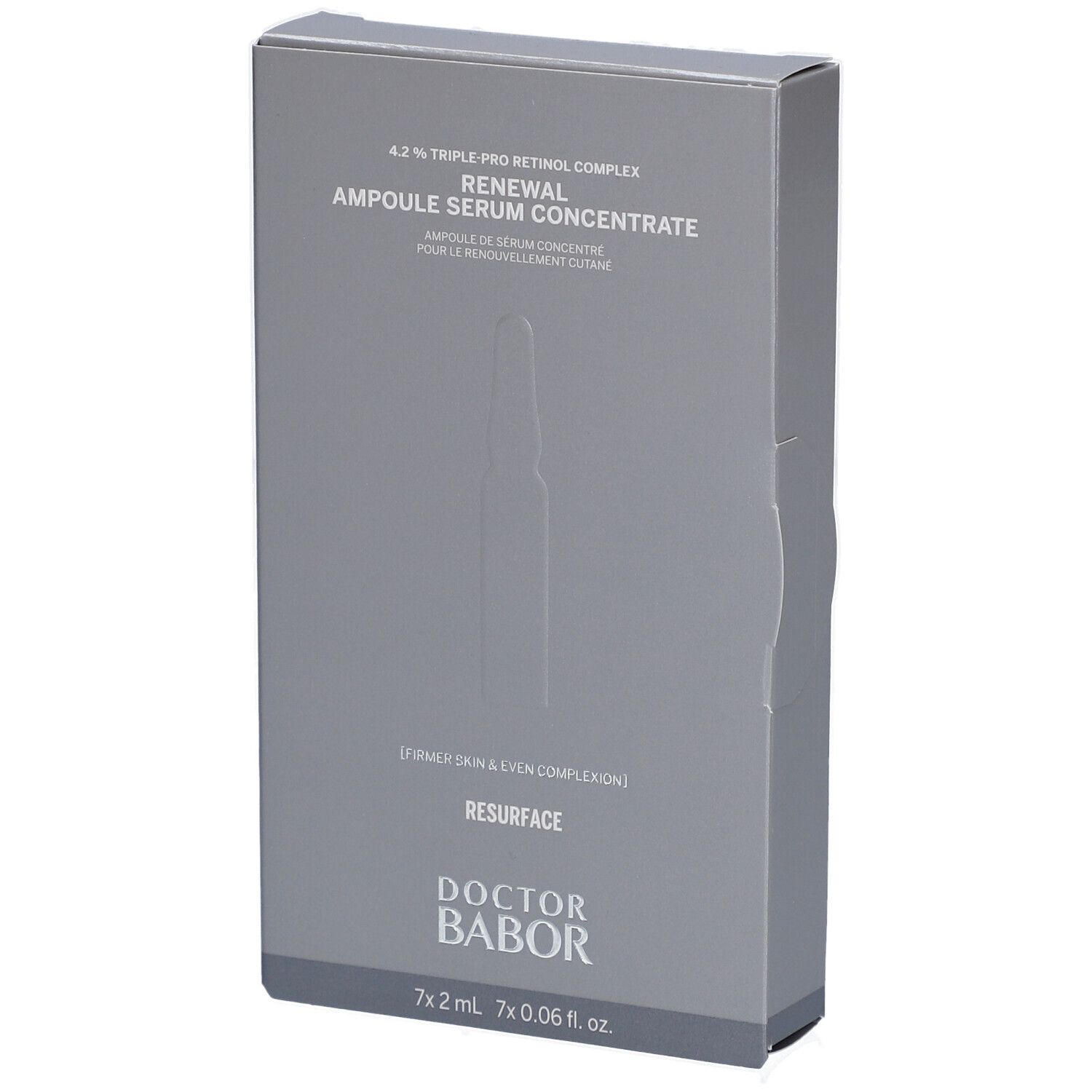 Graue Produktverpackung mit Text. Enthält Ampullen-Serumkonzentrat. Marke: Doctor Babor. Aufschrift: Renewal Ampulle Serum Concentrate.