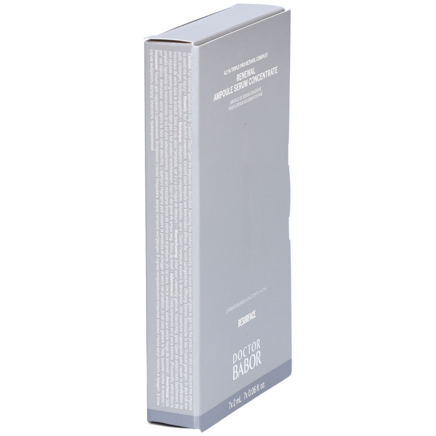 Graue Produktverpackung mit Text. Enthält Ampullen-Serumkonzentrat. Marke: Doctor Babor. Aufschrift: Renewal Ampulle Serum Concentrate.