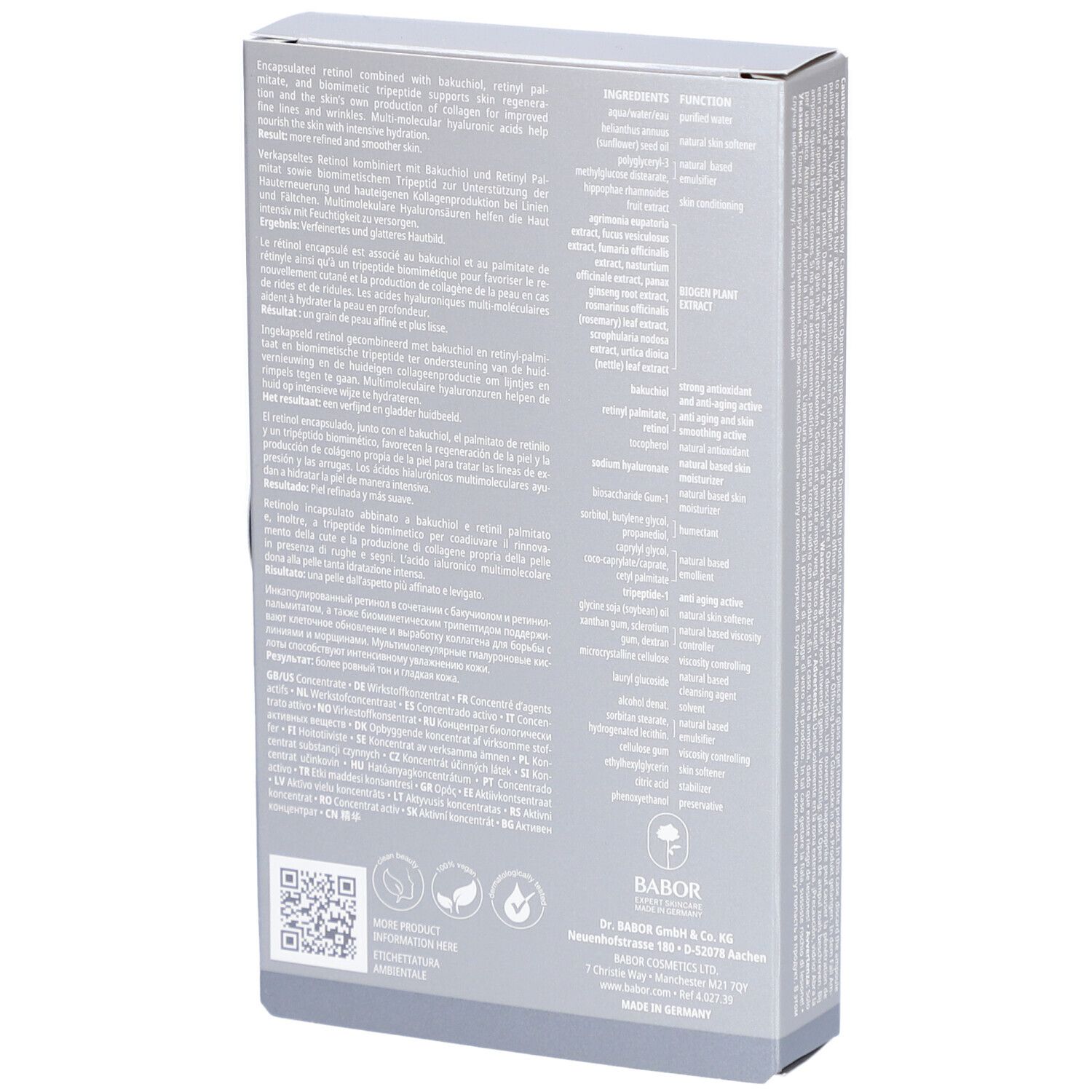 Rückseite der grauen Produktverpackung. Text in mehreren Sprachen. Marke: Doctor Babor. Enthält Informationen zum Produkt.