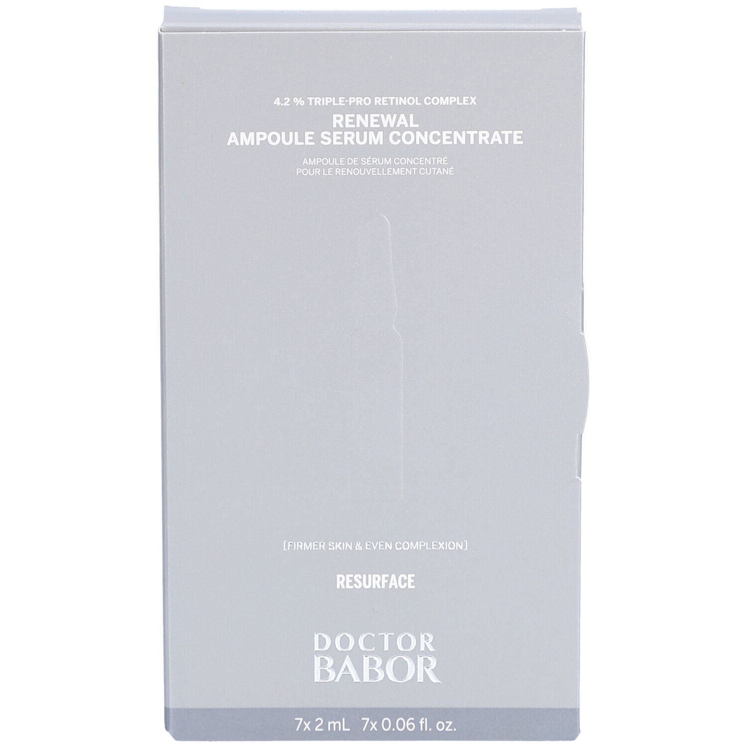 Graue Produktverpackung mit Text. Enthält Ampullen-Serumkonzentrat. Marke: Doctor Babor. Aufschrift: Renewal Ampulle Serum Concentrate.