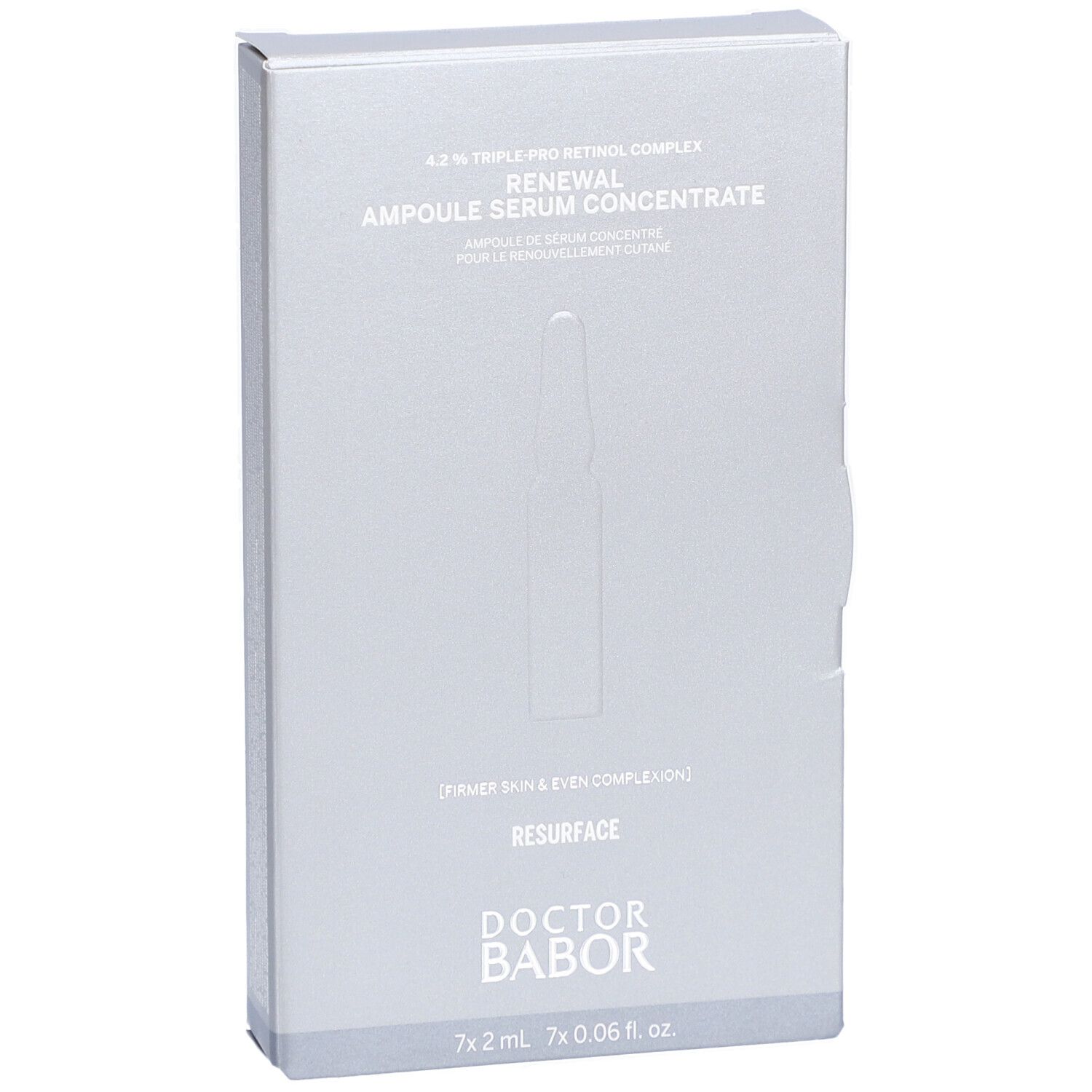 Graue Produktverpackung mit Text. Enthält Ampullen-Serumkonzentrat. Marke: Doctor Babor. Aufschrift: Renewal Ampulle Serum Concentrate.