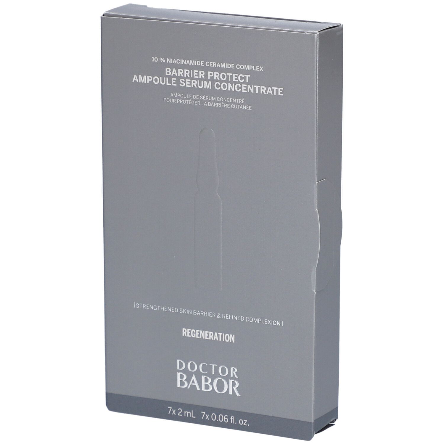 Graue Schachtel mit Produktnamen und Logo. Enthält Ampullen. Text: Barrier Protect Ampulle Serum Concentrate.