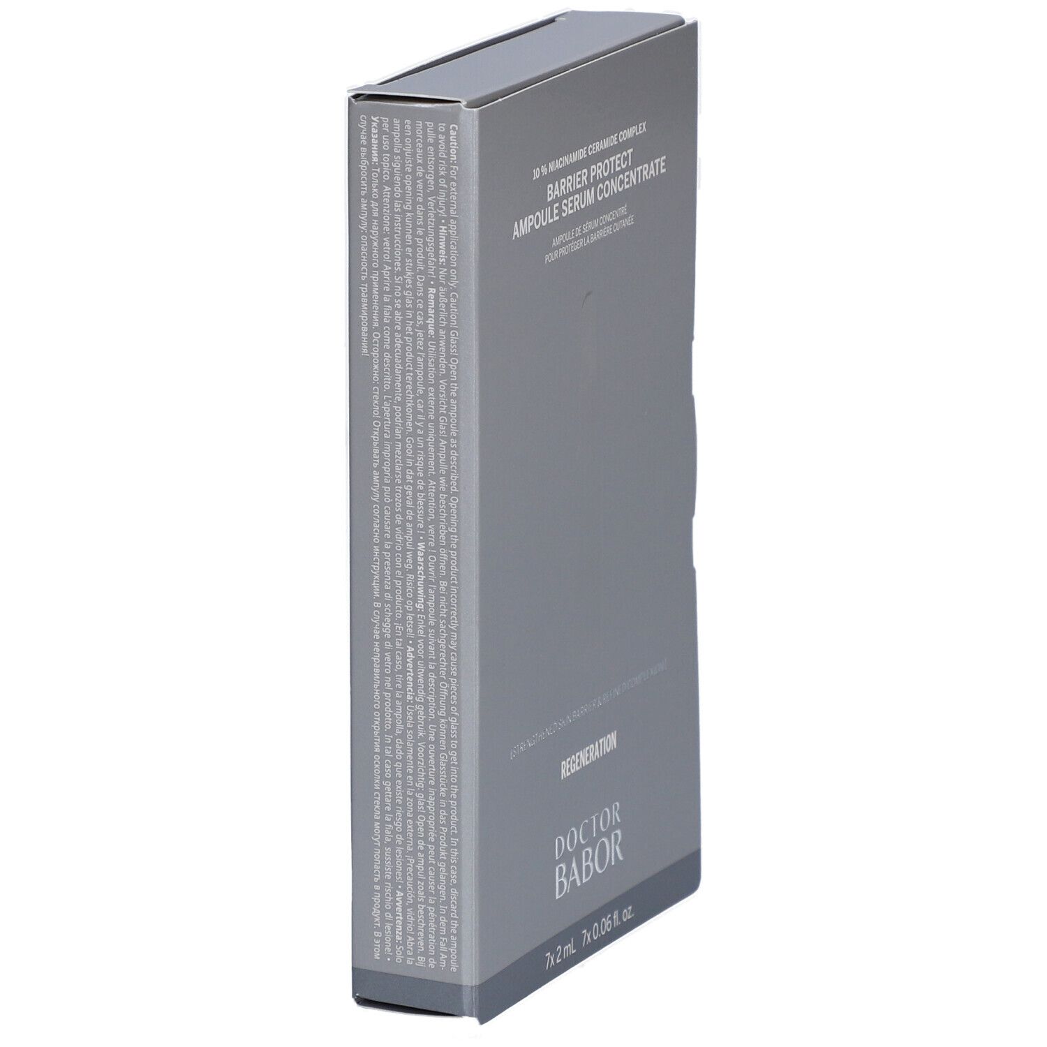 Graue Schachtel, Seitenansicht. Text: Barrier Protect Ampulle Serum Concentrate. Doctor Babor Logo. Enthält Text.