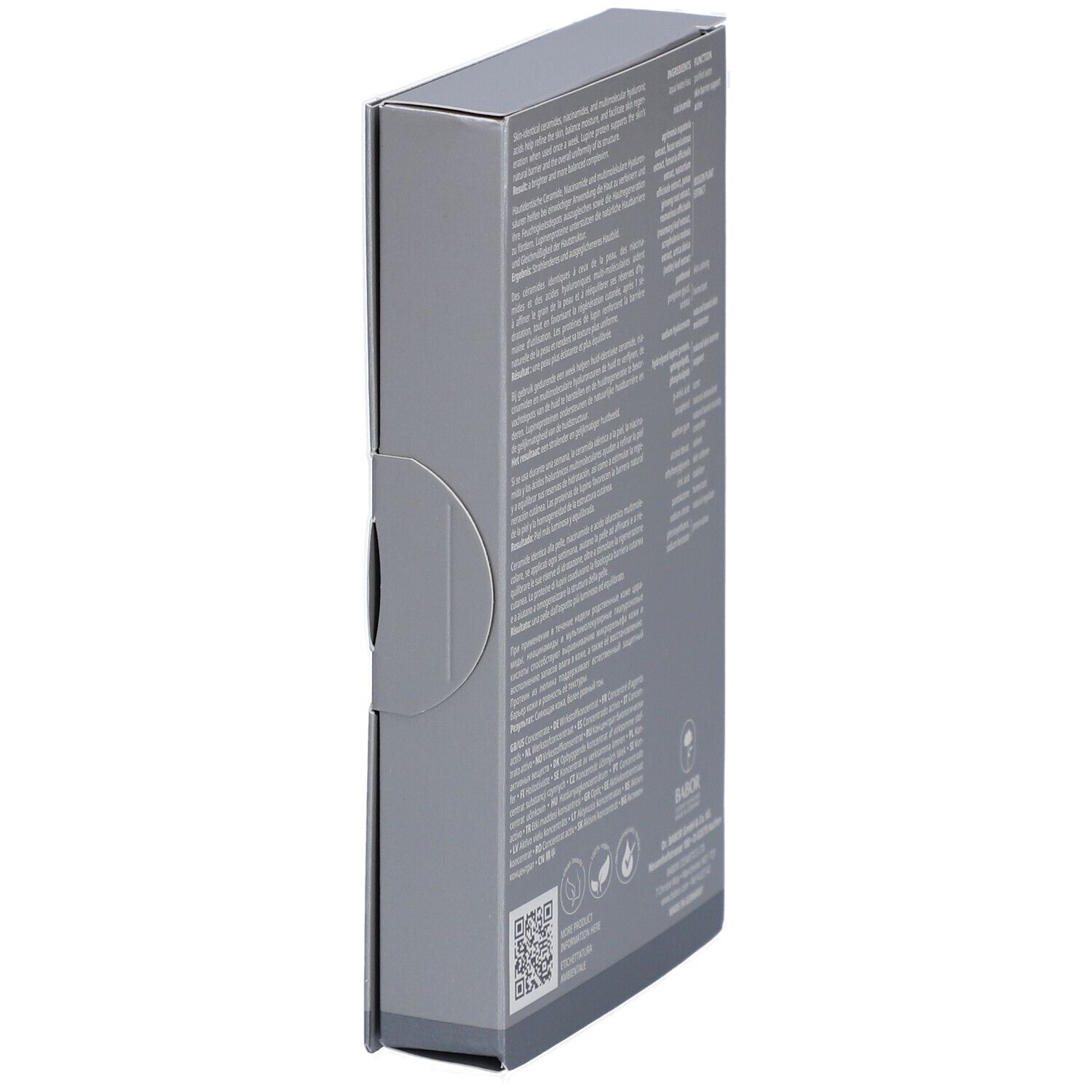 Graue Schachtel, Seitenansicht. Text: Barrier Protect Ampulle Serum Concentrate. Doctor Babor Logo, QR-Code.
