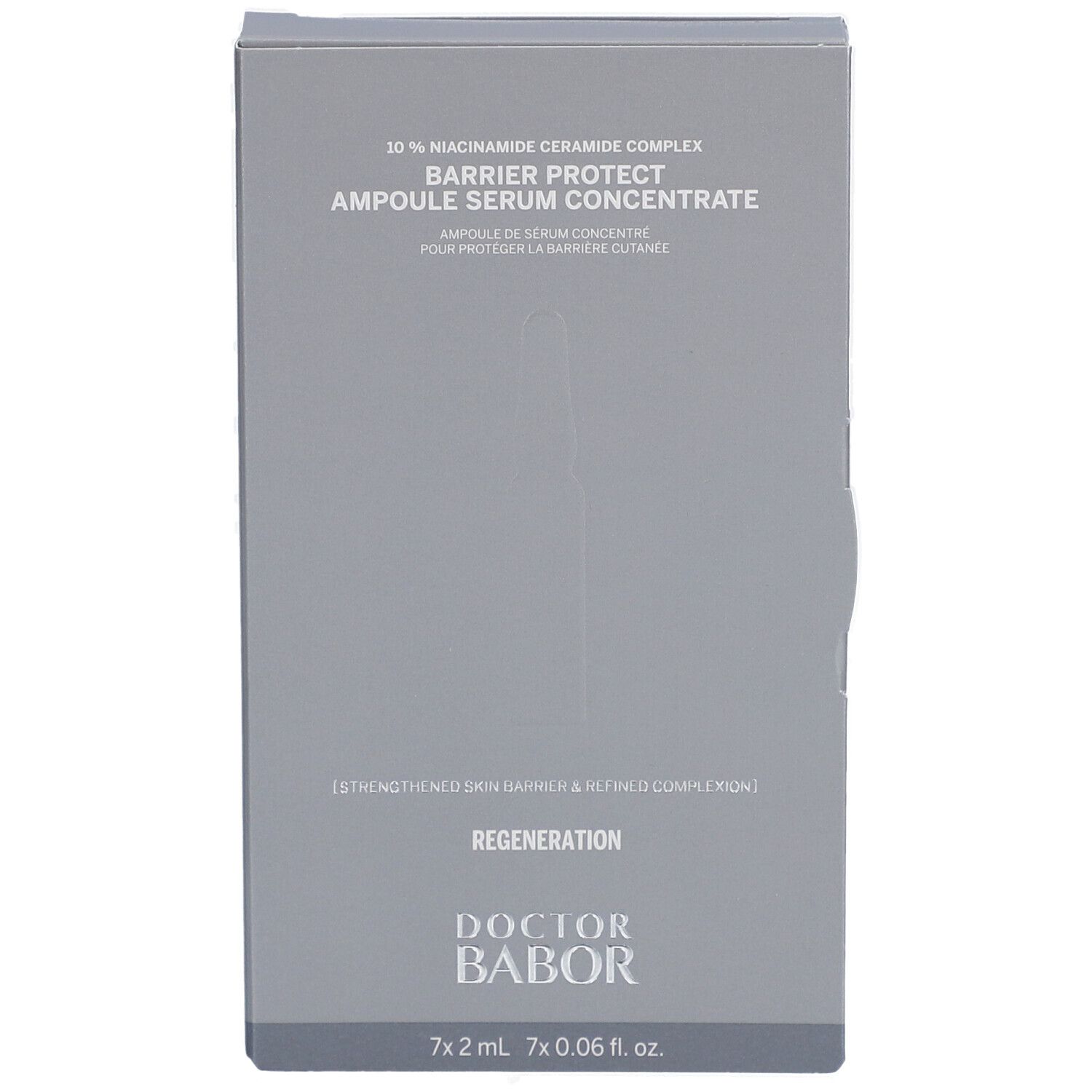 Graue Schachtel mit Produktnamen und Logo. Enthält Ampullen. Text: Barrier Protect Ampulle Serum Concentrate.