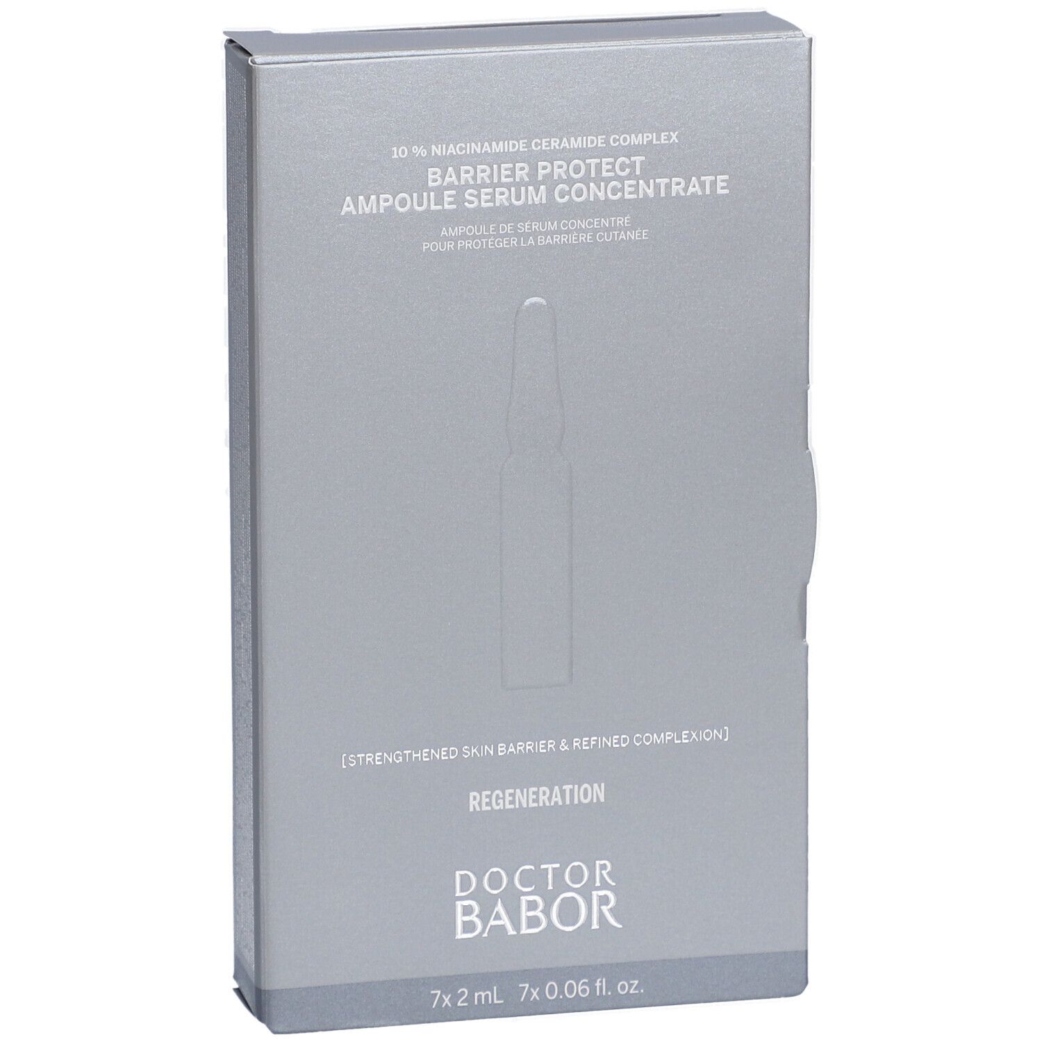 Graue Schachtel mit Produktnamen und Logo. Enthält Ampullen. Text: Barrier Protect Ampulle Serum Concentrate.