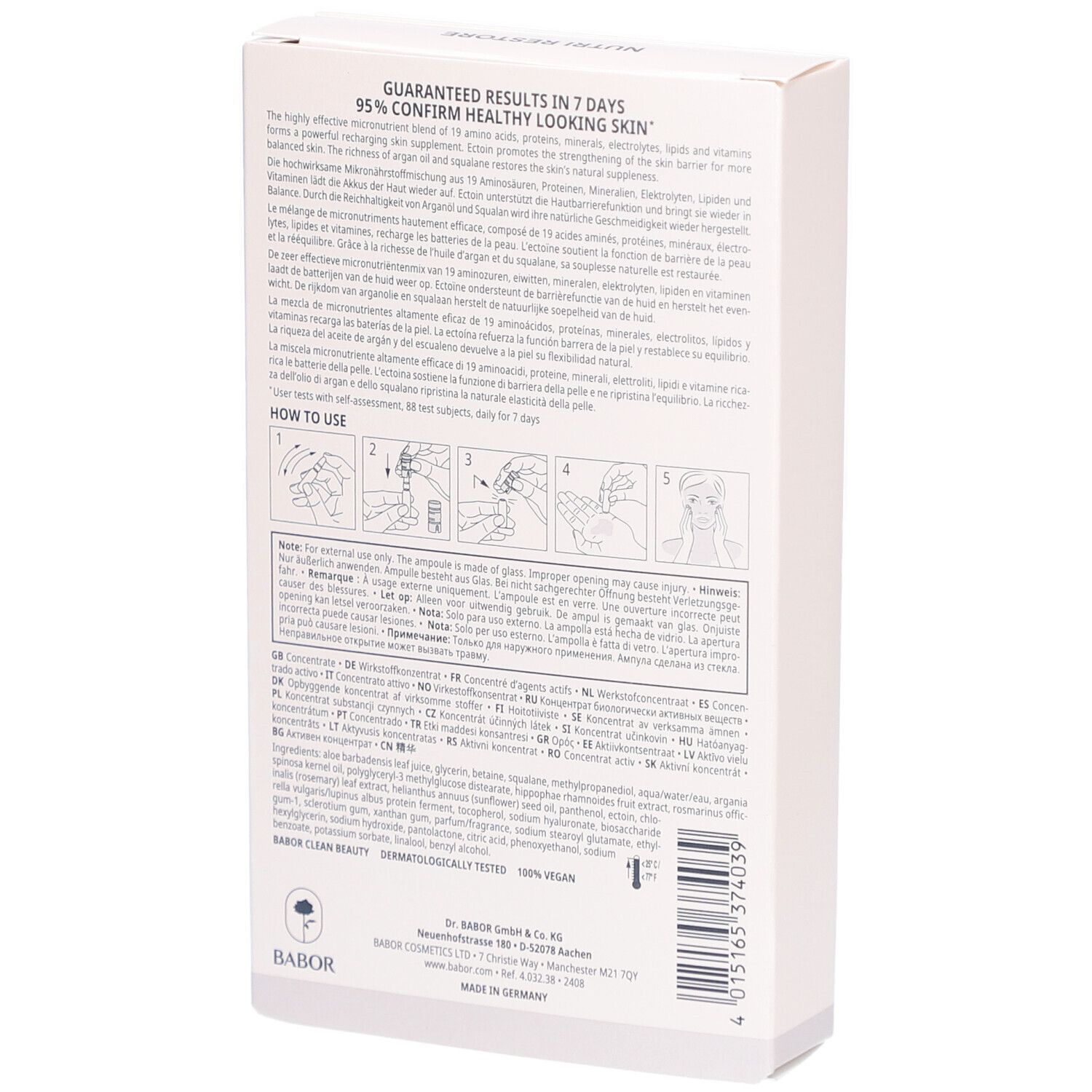 Rückseite der Verpackung mit Text und Illustrationen. Text: Nutri Restore, Babor, Anwendungshinweise.