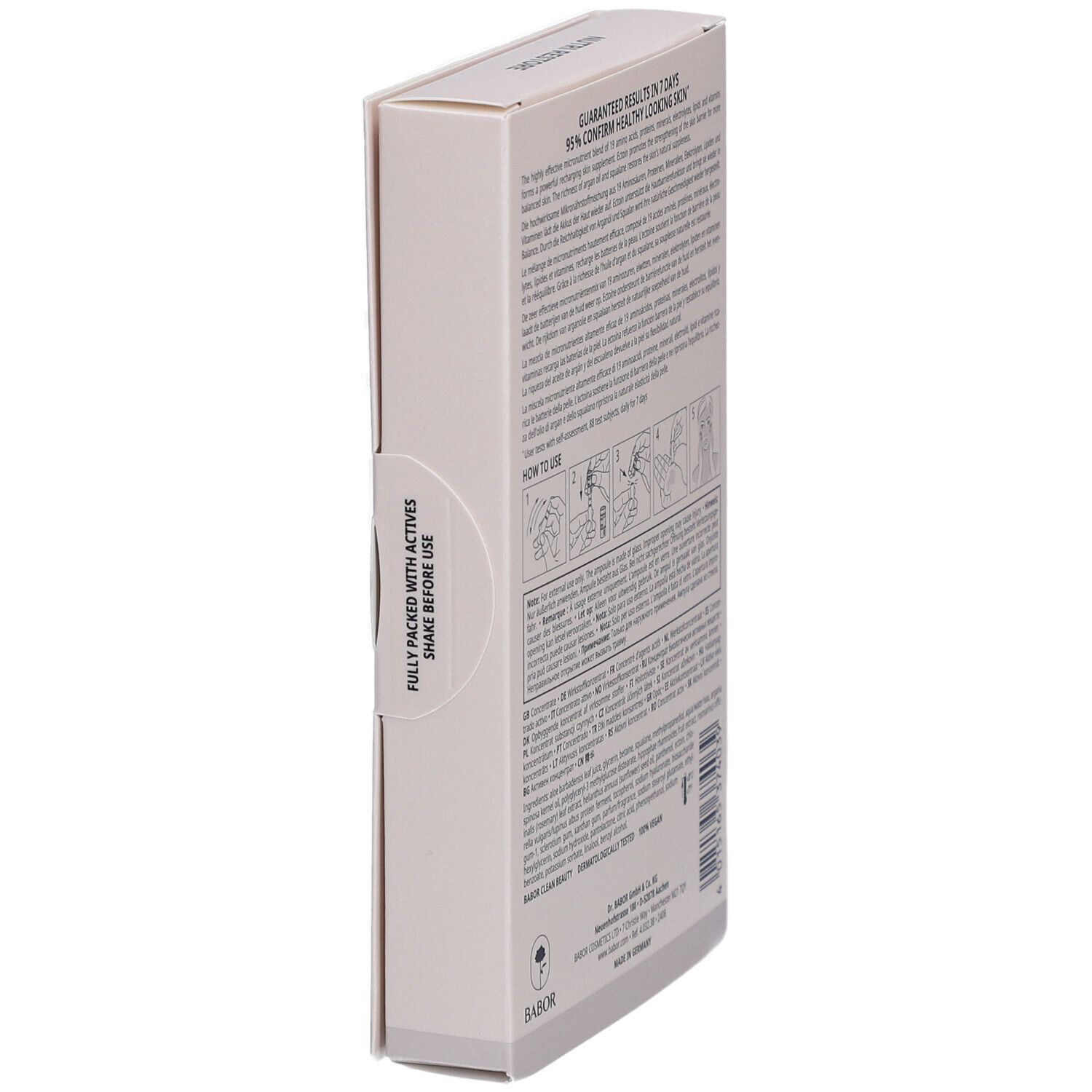 Seitenansicht der Verpackung mit Text. Text: Nutri Restore, Babor, Shake before use.