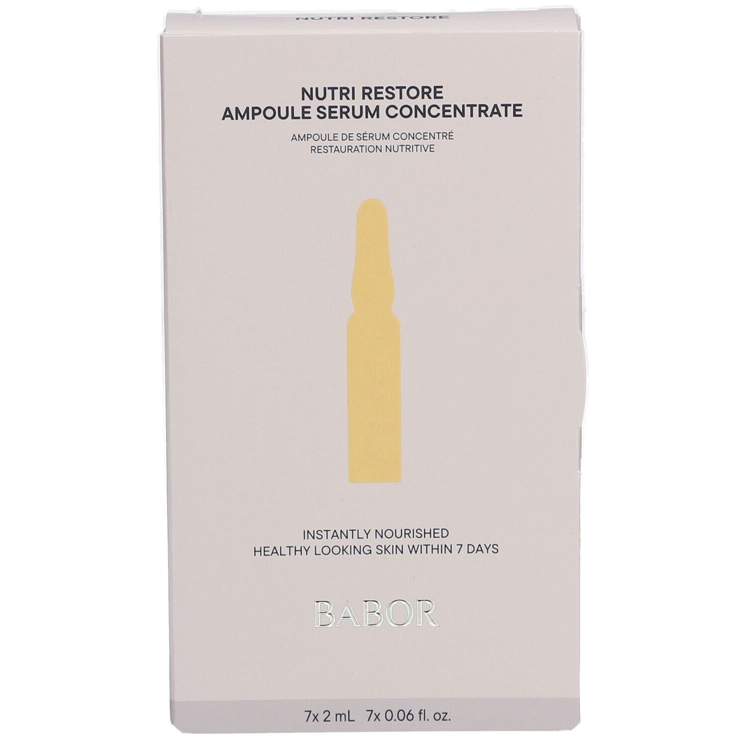 Weiße Verpackung mit Produktnamen und Ampullen-Abbildung. Text: Nutri Restore, Babor.