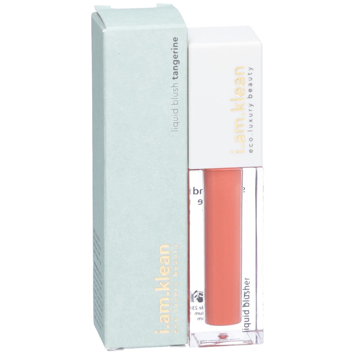 Flüssiges Rouge in einem transparenten Behälter mit weißem Deckel und Karton. Aufschrift: i.am.klean, liquid blush tangerine.