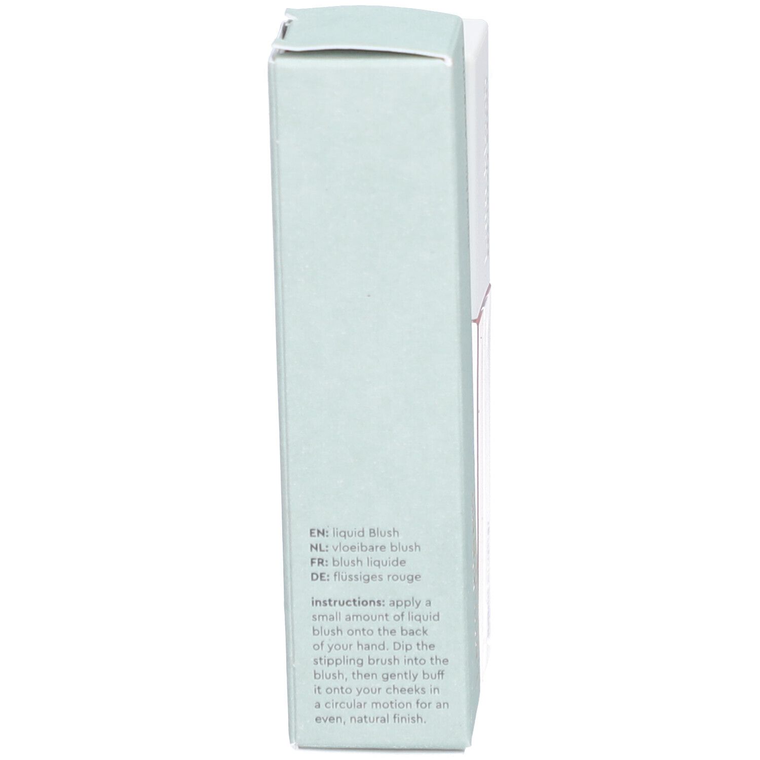 Karton mit Text: EN: liquid Blush, FR: blush liquide, DE: flüssiges Rouge. Anweisungen zum Auftragen des Rouge.