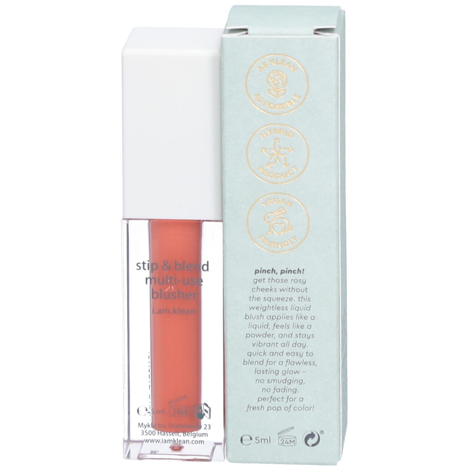 Flüssiges Rouge in einem transparenten Behälter mit weißem Deckel und Karton. Aufschrift: i.am.klean, multi-use blusher.