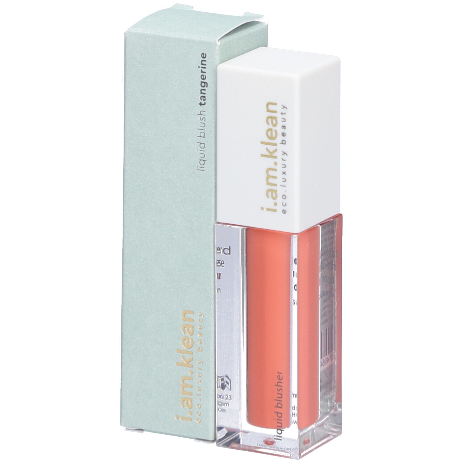 Flüssiges Rouge in einem transparenten Behälter mit weißem Deckel und Karton. Aufschrift: i.am.klean, liquid blusher.
