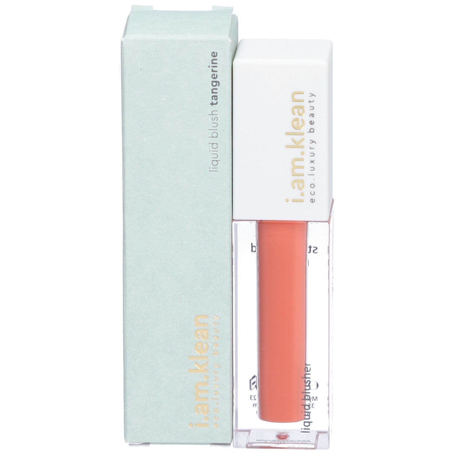 Flüssiges Rouge in einem transparenten Behälter mit weißem Deckel und Karton. Aufschrift: i.am.klean, liquid blush tangerine.