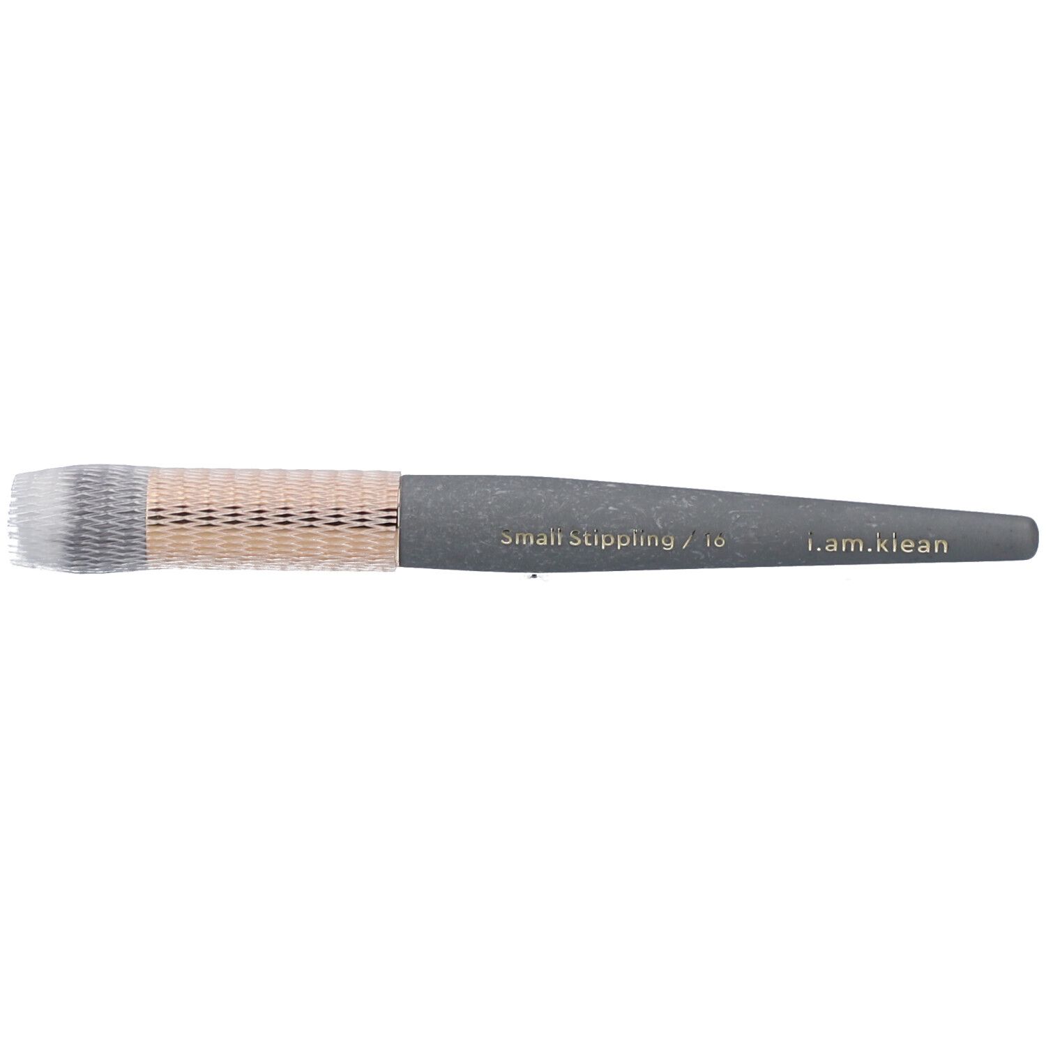 Pinceau à tamponner avec manche gris, partie centrale beige et poils blancs. Inscription : i.am.klean, Small stippling / 10.