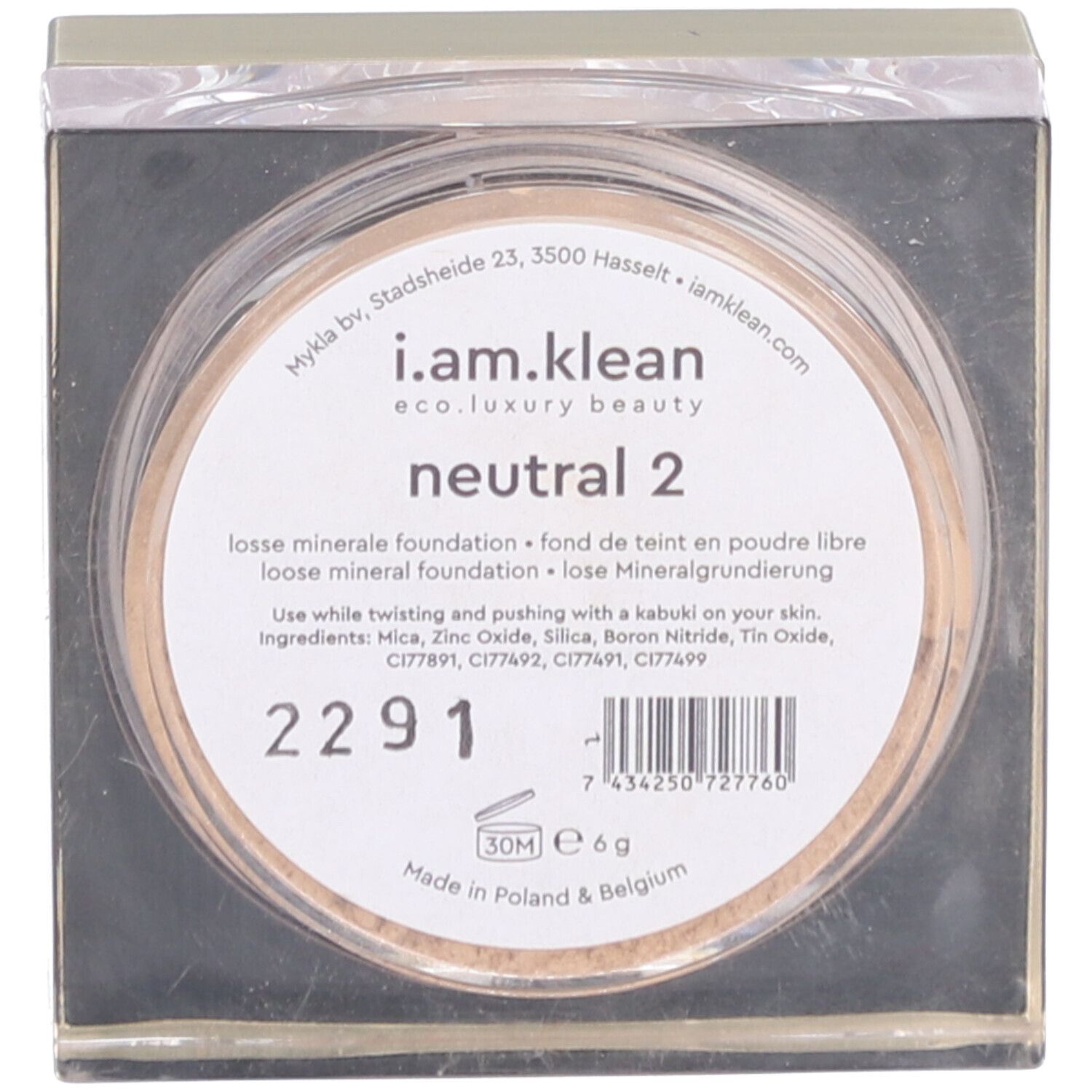 Lose Mineral Foundation Neutre 2 in einer runden Dose. Aufschrift: i.am.klean, neutral 2.