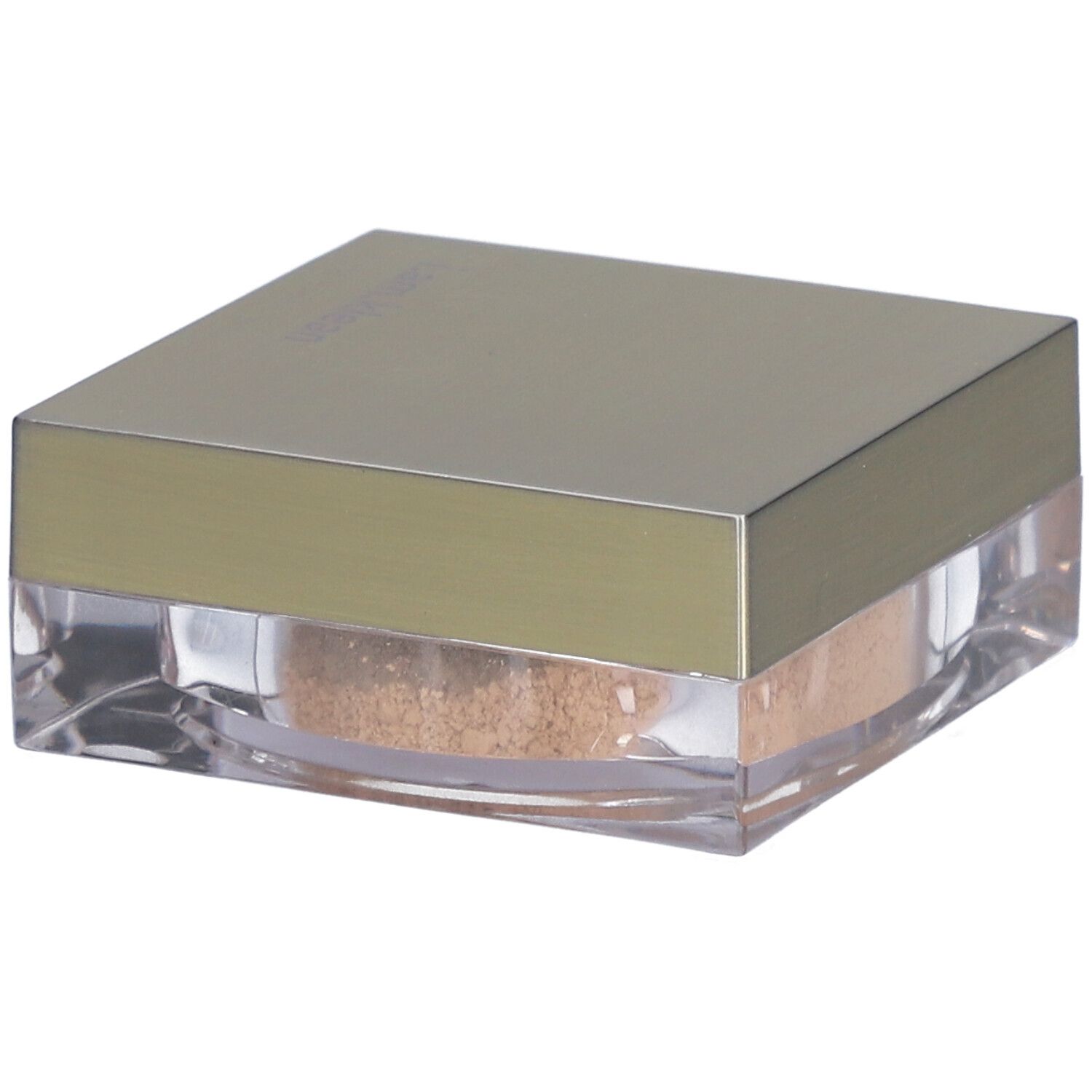 Quadratische Dose mit Deckel. Der transparente Behälter enthält loses Puder.