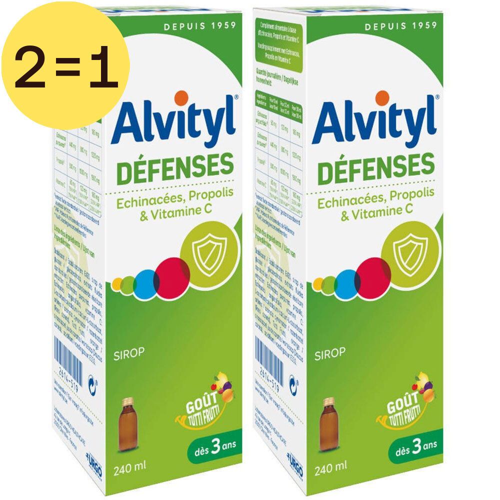 Twee Alvityl Défenses-verpakkingen. Opschrift: Echinacea, Propolis & Vitamine C. Fles-illustratie. 1+1 gratis.
